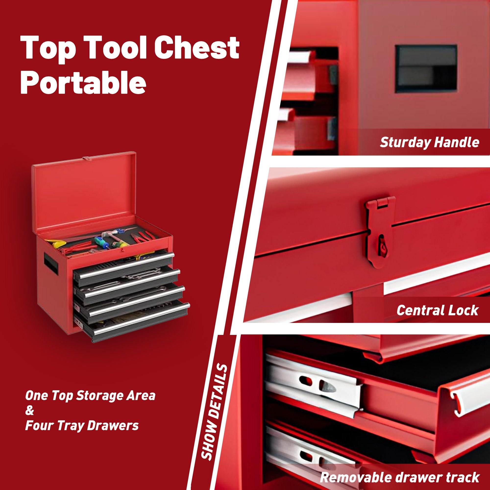 5-Drawer Rolling Tool Chest – Detachable Tool Cabinet with Lock & Adjustable Shelf