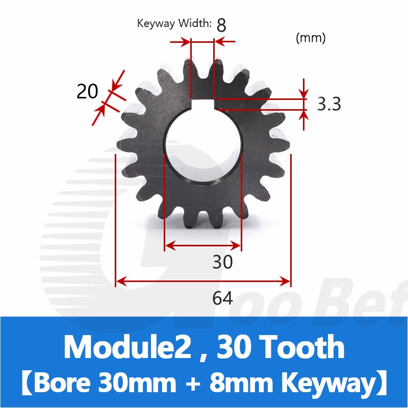 Spur Gear C45 Steel Black Oxided Module 2 Pinion 12-30 Tooth Keyway 10-32mm Flat
