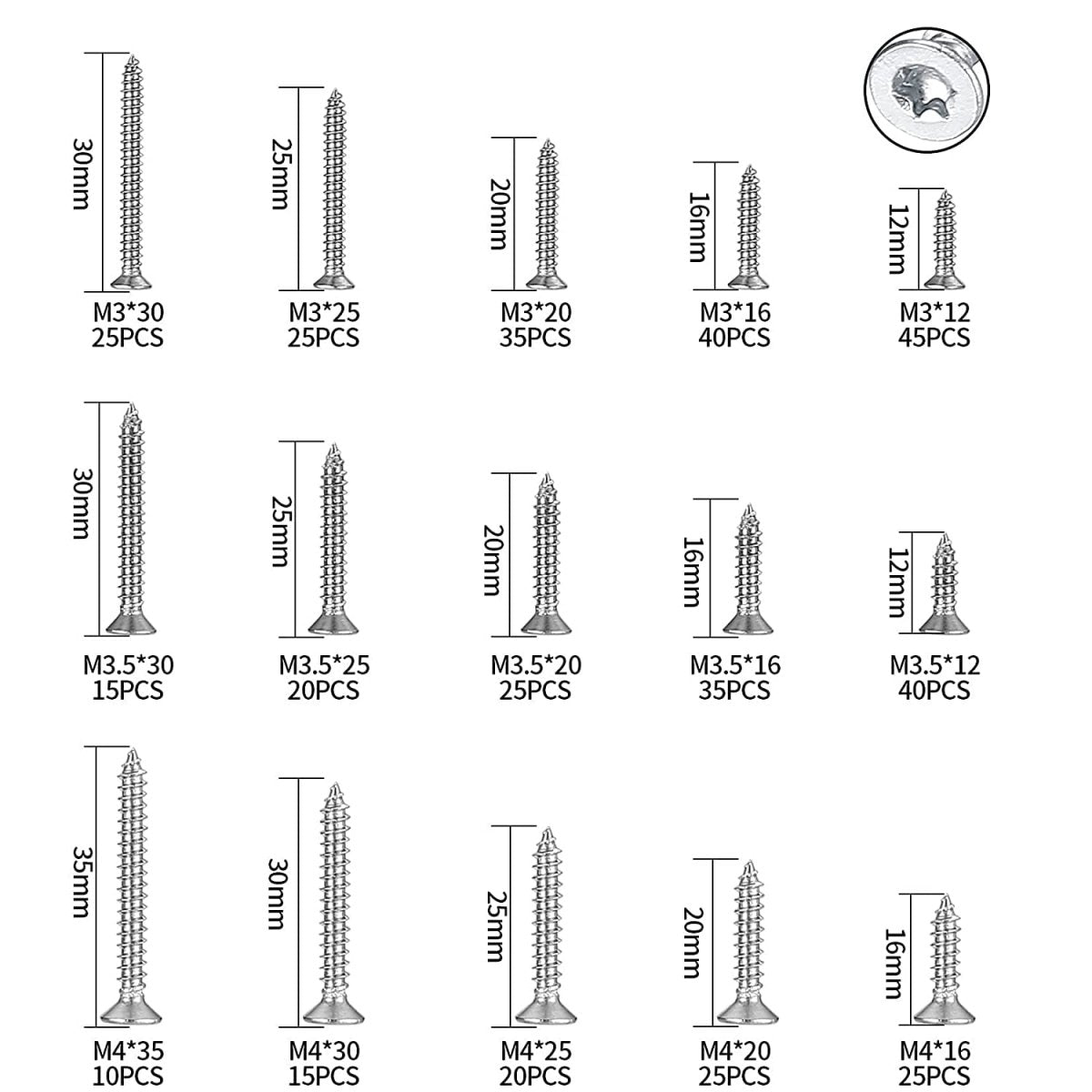 400 pcs tapping screws M3 M3.5 M4 stainless steel countersunk head Trox tapping screw set box - HomeDIYer