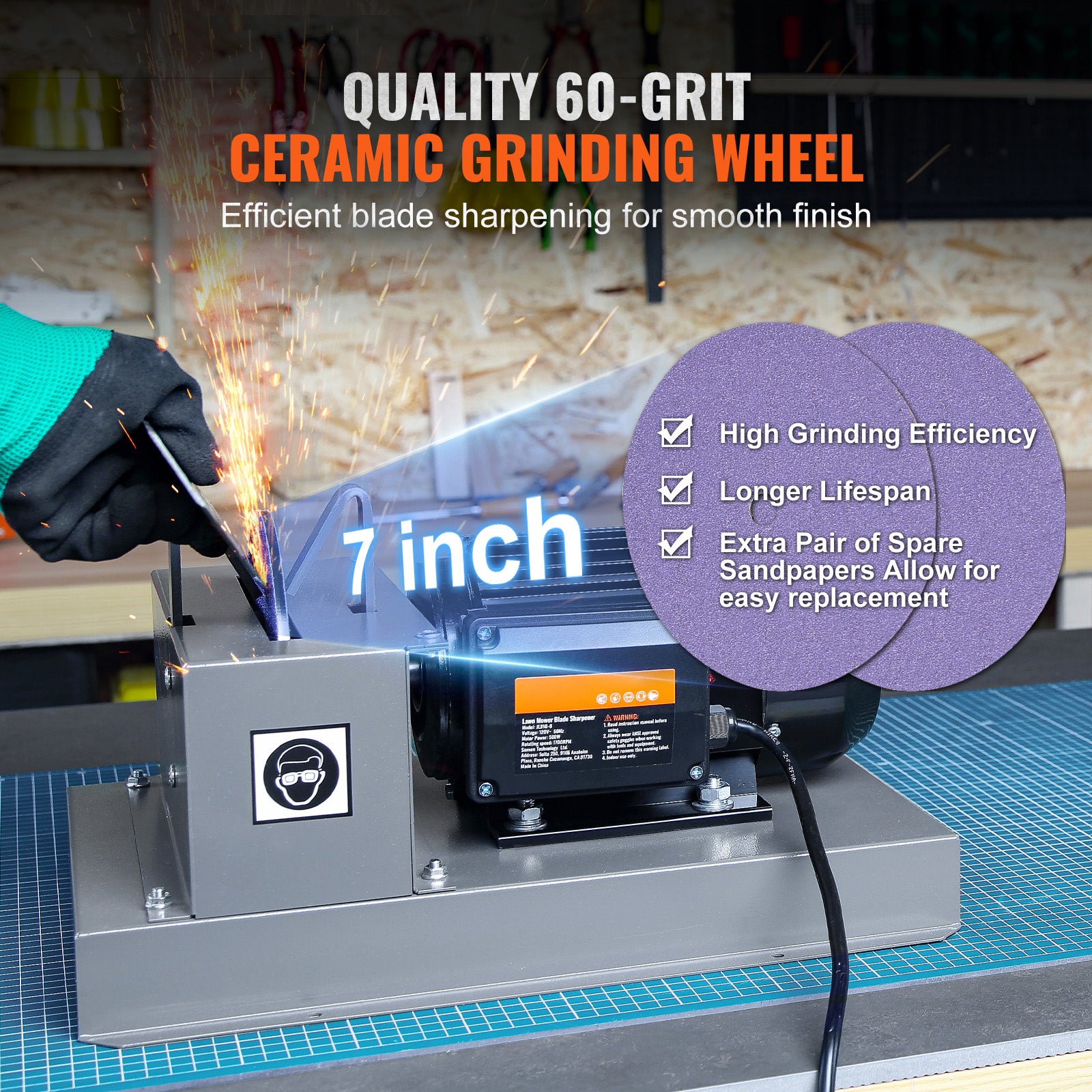 Lawn Mower Blade Sharpener, 2/3HP 500W Lawnmower Blade Grinder with 7-inch Ceramic Grinding Wheel, Powerful Bench Mower Sharpening Machine for High/Low Lift Blades, Gator Blades, Flat Blades