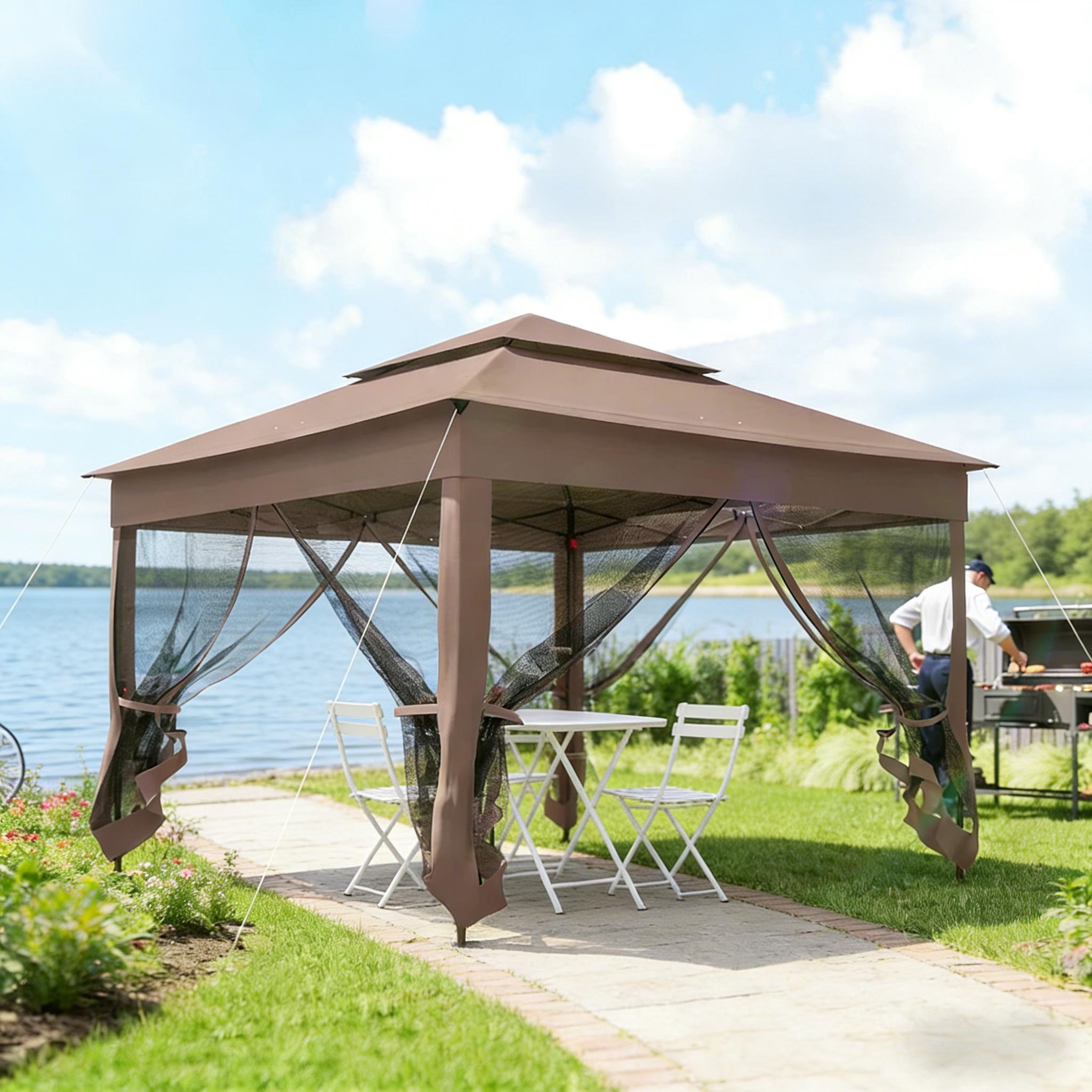 Pop Up Canopy Gazebo 10.67x10.67 ft, Vented Double Roof with Mesh Sidewalls, Stakes & Carry Bag, Black & Brown