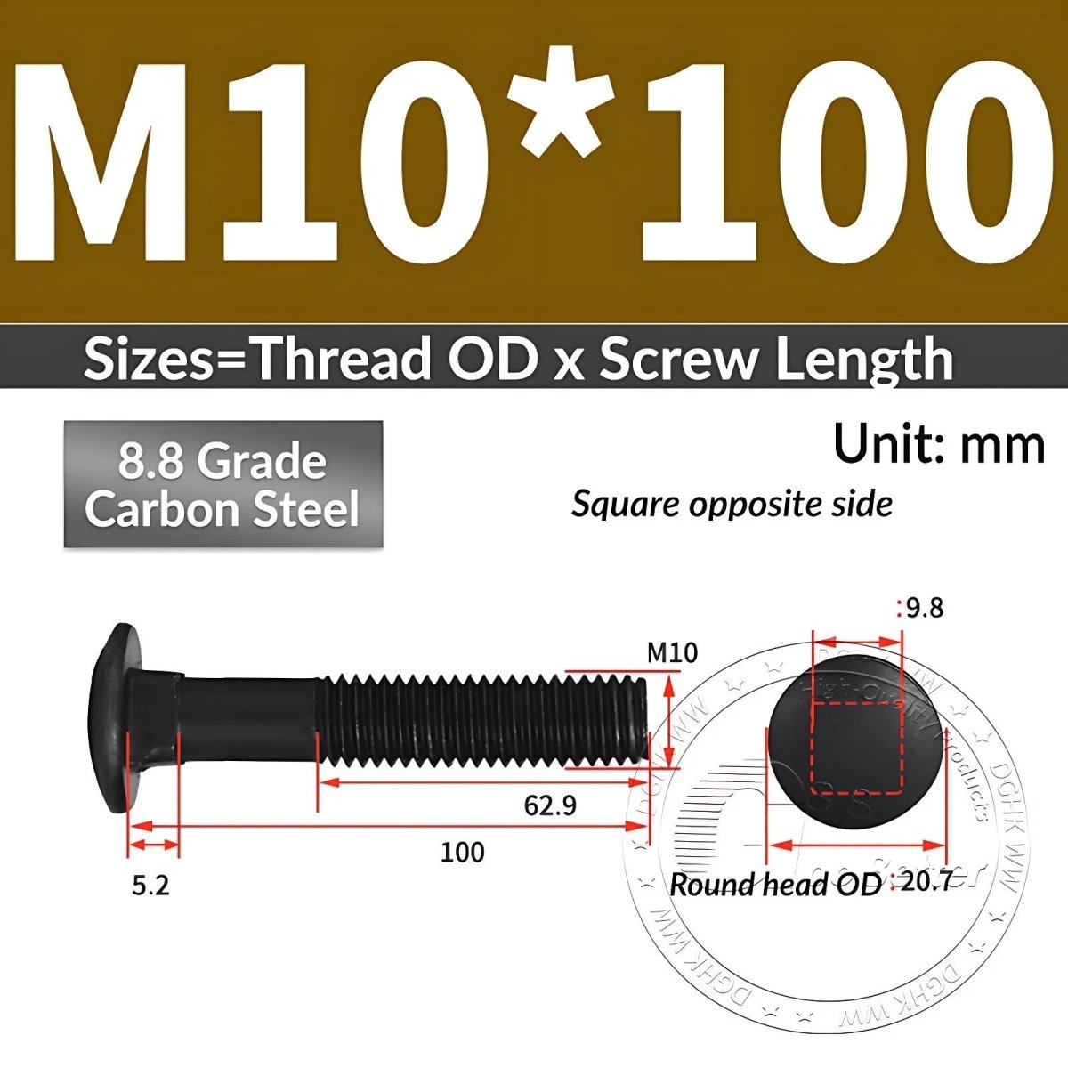 Black 8.8 Grade Steel Carriage Bolts | Cup Square Dome Head | M6–M24 - HomeDIYer