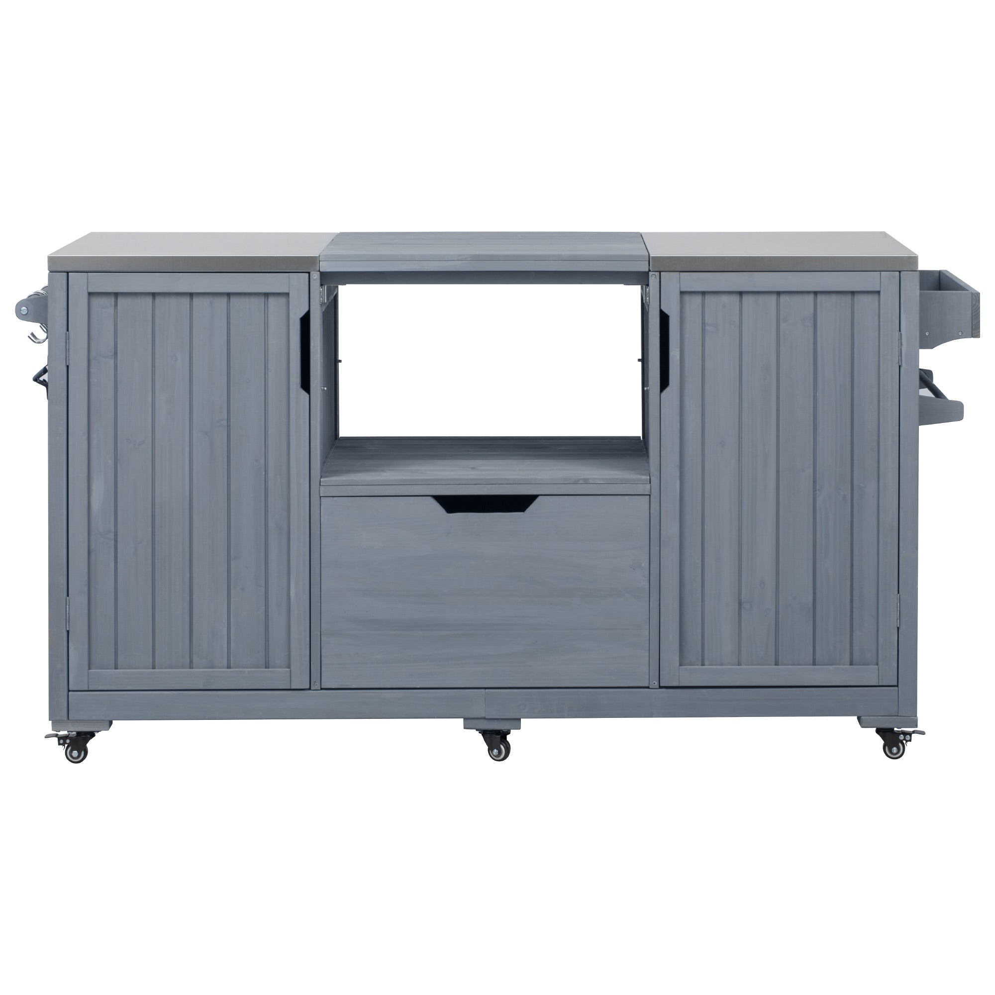 K&K 66.5" Outdoor Kitchen Island for Big Green Egg Grills, Solid Wood Outdoor Grill Cart for Tabletop Grill with Stainless Steel Top, Drawer, Compatible with Large Big Green Egg, Kamado Joe- Grey Blue