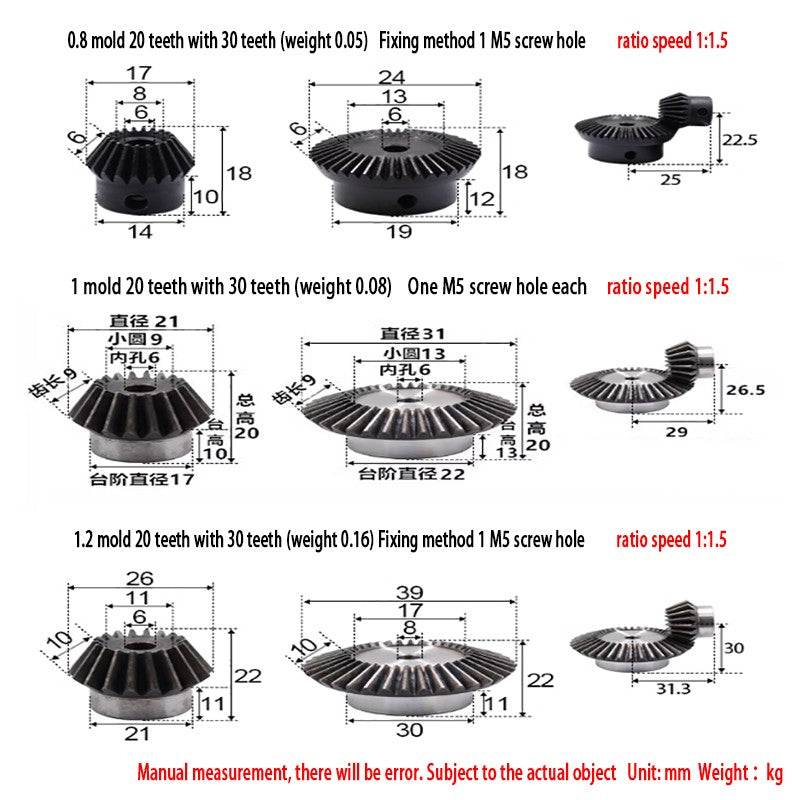 0.5/0.75/1/1.5-5 Mod Bevel Gear 12-160 Teeth Transmission Gears Bevel Teeth 90°