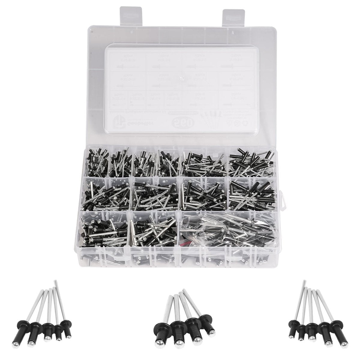 Black Pop Rivets Assortment Set Aluminium Body Steel Mandrel Open End Dome Head - HomeDIYer