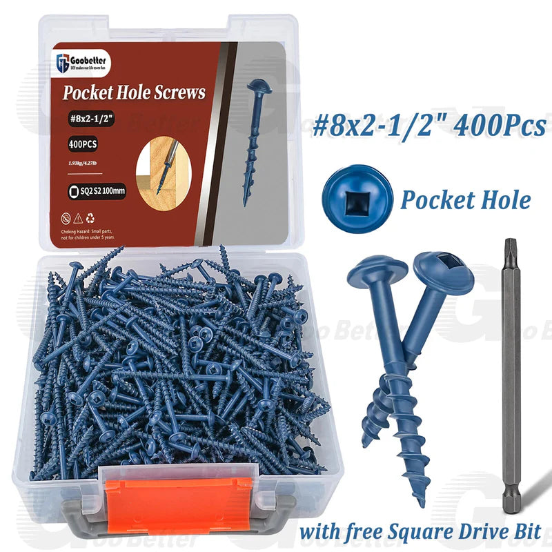 #8 Pocket Hole Screws Exterior Pocket Screw Coarse Thread Square Drive Washer Head Blue Coated With 100MM Drive Bit