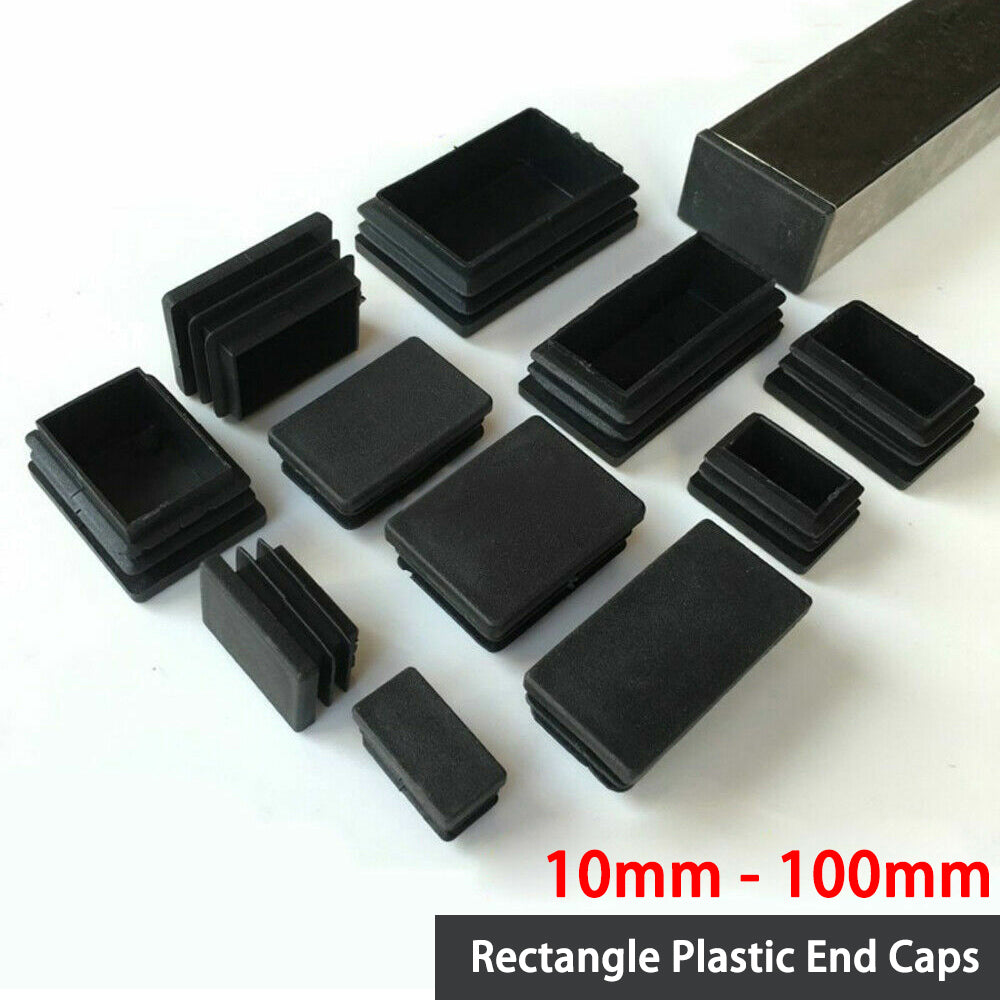 Black rectangle plastic blanking end caps (10-100mm) for tube pipe inserts, smooth finish for secure sealing