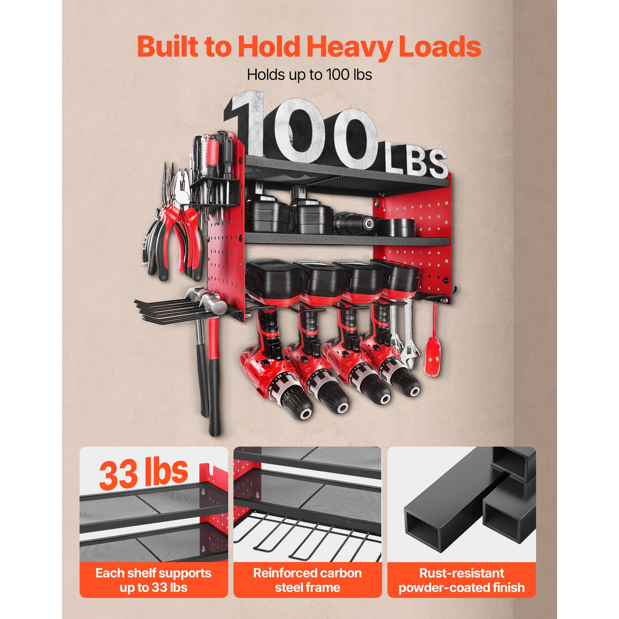 Wall Mount Power Tool Organizer, 3-Tier Rack with 4 Drill Holders & Side Pegboards, 100 lb Capacity, Q235 Steel, Red