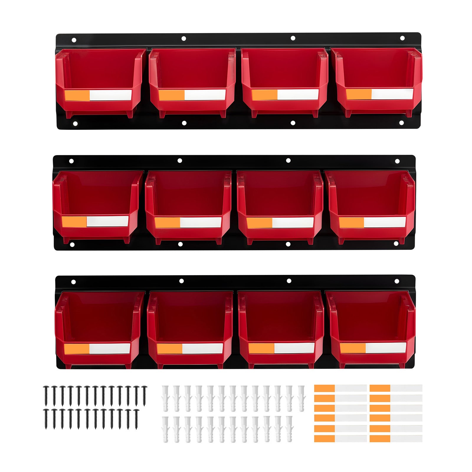 Wall Mounted Storage Bins – 12 Plastic Bins & 3 Metal Rails for Screws, Nuts, Bolts – Hardware Tool Organizer for Workshop, Craft Room, Garage (Red)