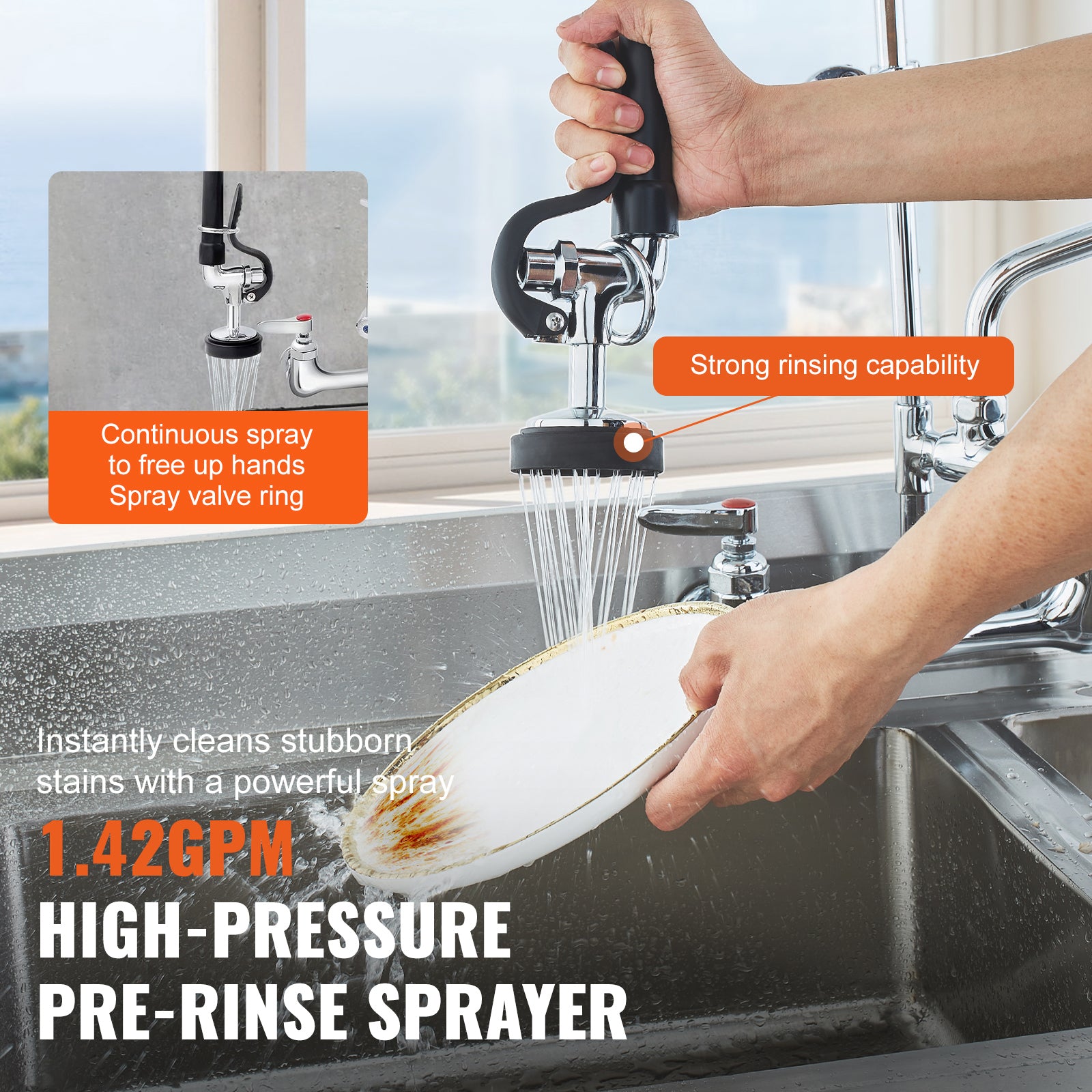 Commercial Faucet with Pre-Rinse Sprayer, 47" Height, 8" Center, 12" Swing Spout, Wall Mount Kitchen Sink Faucet, Brass Constructed Device with Pull Down Spray, for 1/2/3 Compartment Sink