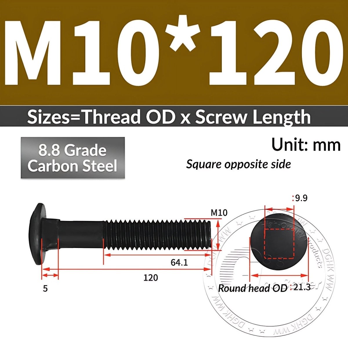 Black 8.8 Grade Steel Carriage Bolts | Cup Square Dome Head | M6–M24 - HomeDIYer