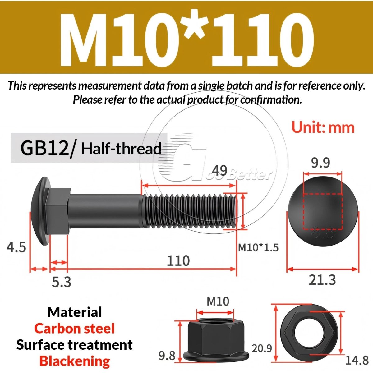 Black Carriage Bolts Grade 8.8 | M6–M24 Cup Square Domed Head Screws - HomeDIYer
