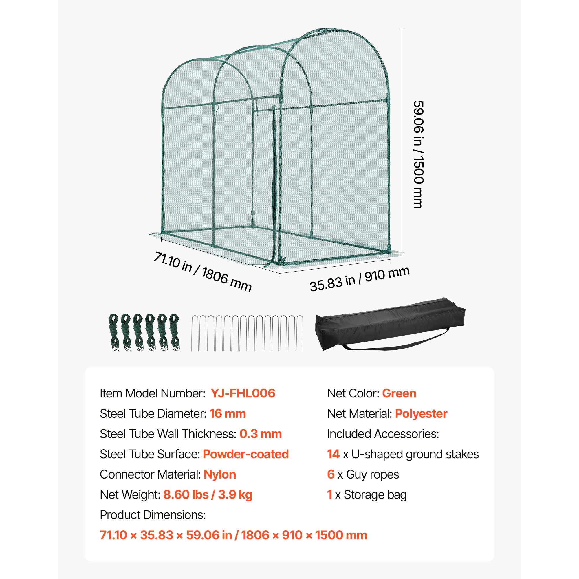 5.9ft x 3ft x 4.9ft Tall Crop Cage Plant Protection Tent — Zippered Door Wind‑Resistant Frame for Raised Bed Garden Black Green