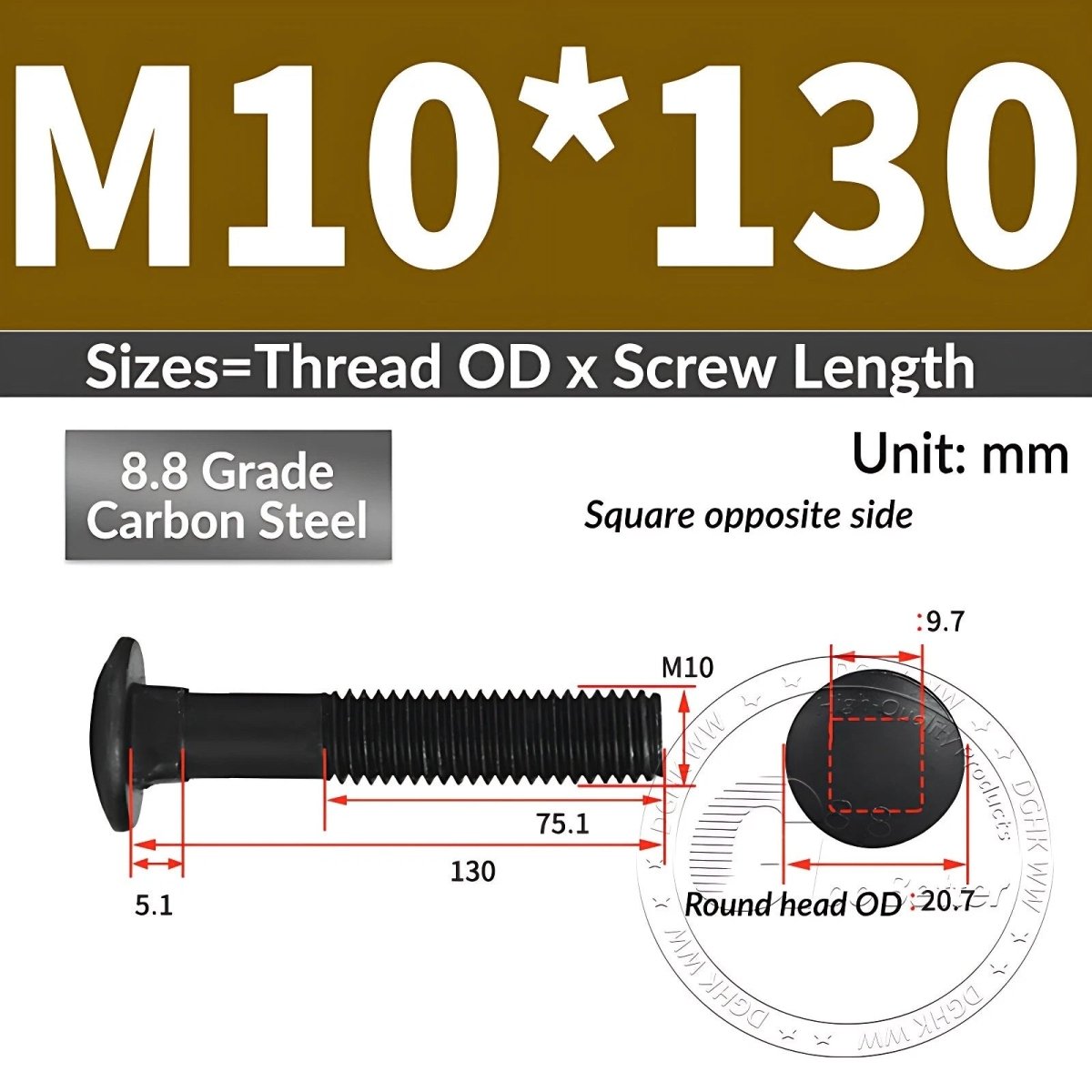 Black 8.8 Grade Steel Carriage Bolts | Cup Square Dome Head | M6–M24 - HomeDIYer