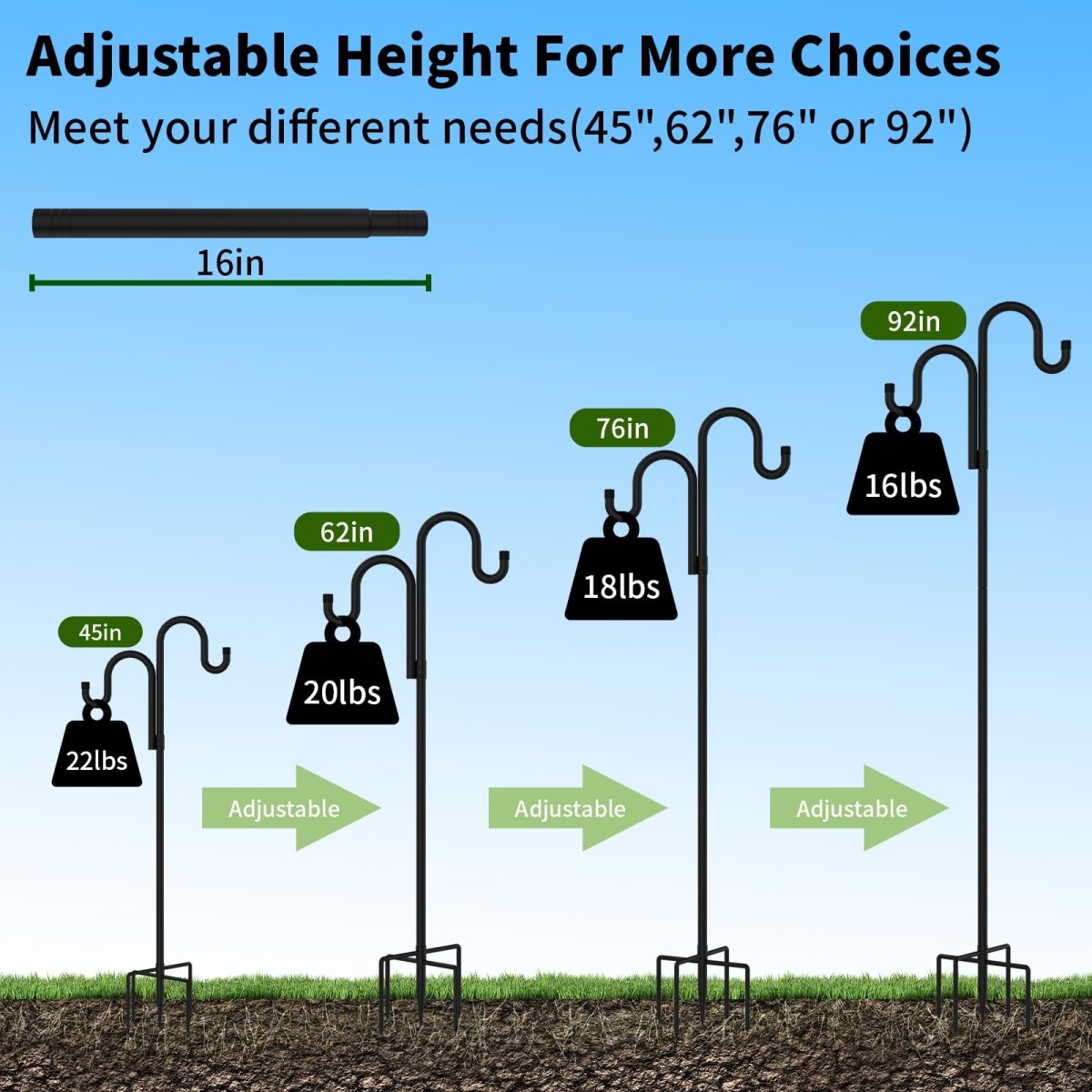 Double Shepherds Hooks for Outdoor, Bird Feeder Pole with 5 Prongs Base, Heavy Duty Garden Hook for Lantern, Wind Chime and Hummingbird Feeder, 45/62/76/92 Inch, 2 Pack - HomeDIYer
