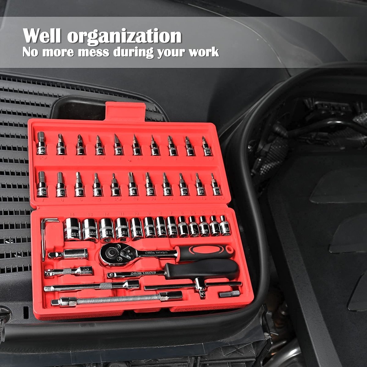46 Pieces 1/4 inch Drive Socket Ratchet Wrench Set, with Bit Socket Set Metric and Extension Bar for Auto Repairing and Household, with Storage Case - HomeDIYer