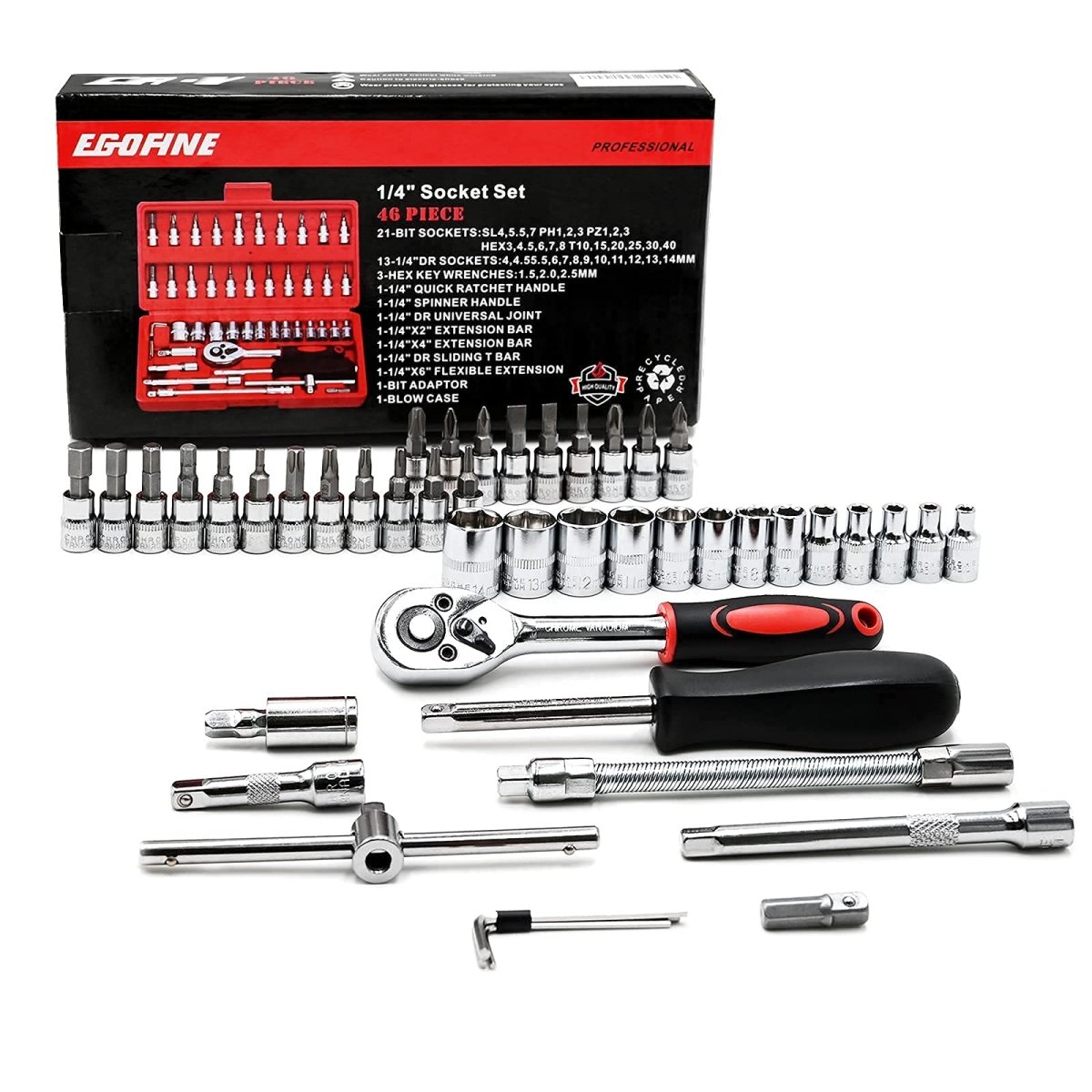 46 Pieces 1/4 inch Drive Socket Ratchet Wrench Set, with Bit Socket Set Metric and Extension Bar for Auto Repairing and Household, with Storage Case - HomeDIYer