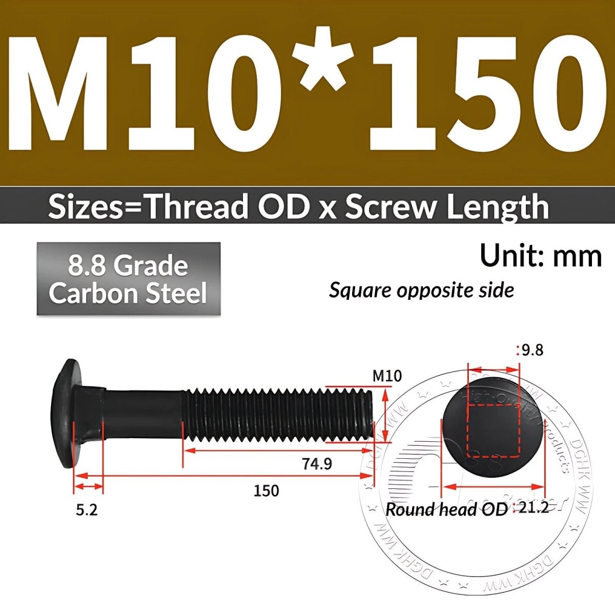 Black 8.8 Grade Steel Carriage Bolts | Cup Square Dome Head | M6–M24 - HomeDIYer