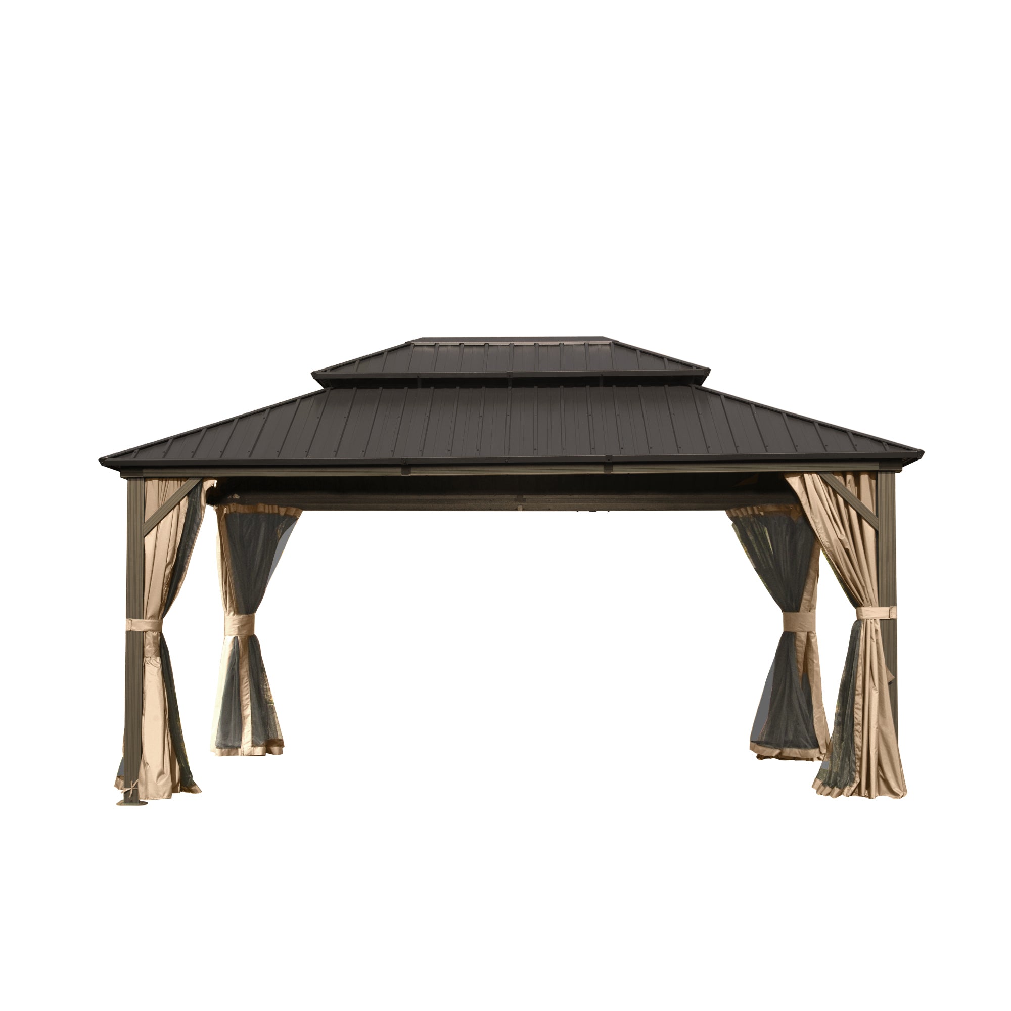10x14 ft Hardtop Gazebo with Double Roof, Curtains & Netting – Aluminum, Brown