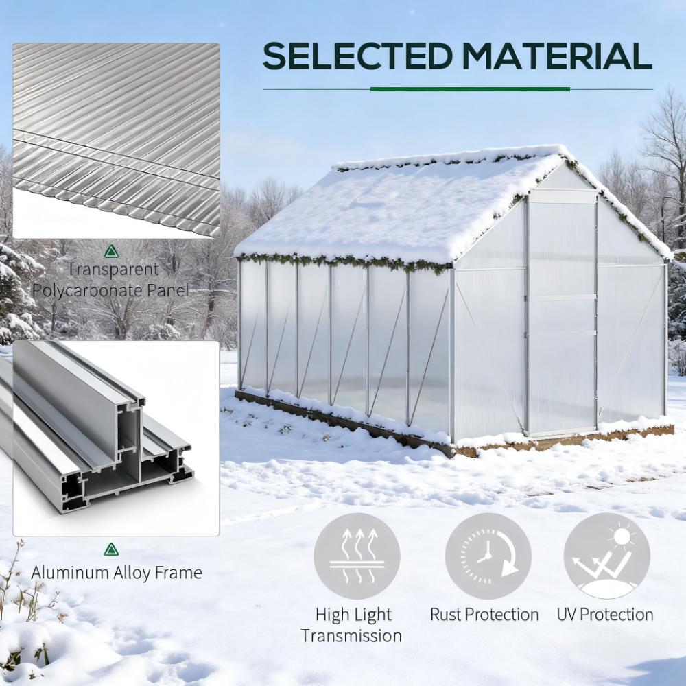 12.3ft x 6.2ft x 6.5ft Heavy‑Duty Aluminum Walk‑In Greenhouse — Polycarbonate Panels Sliding Door & Rooftop Vent Silver
