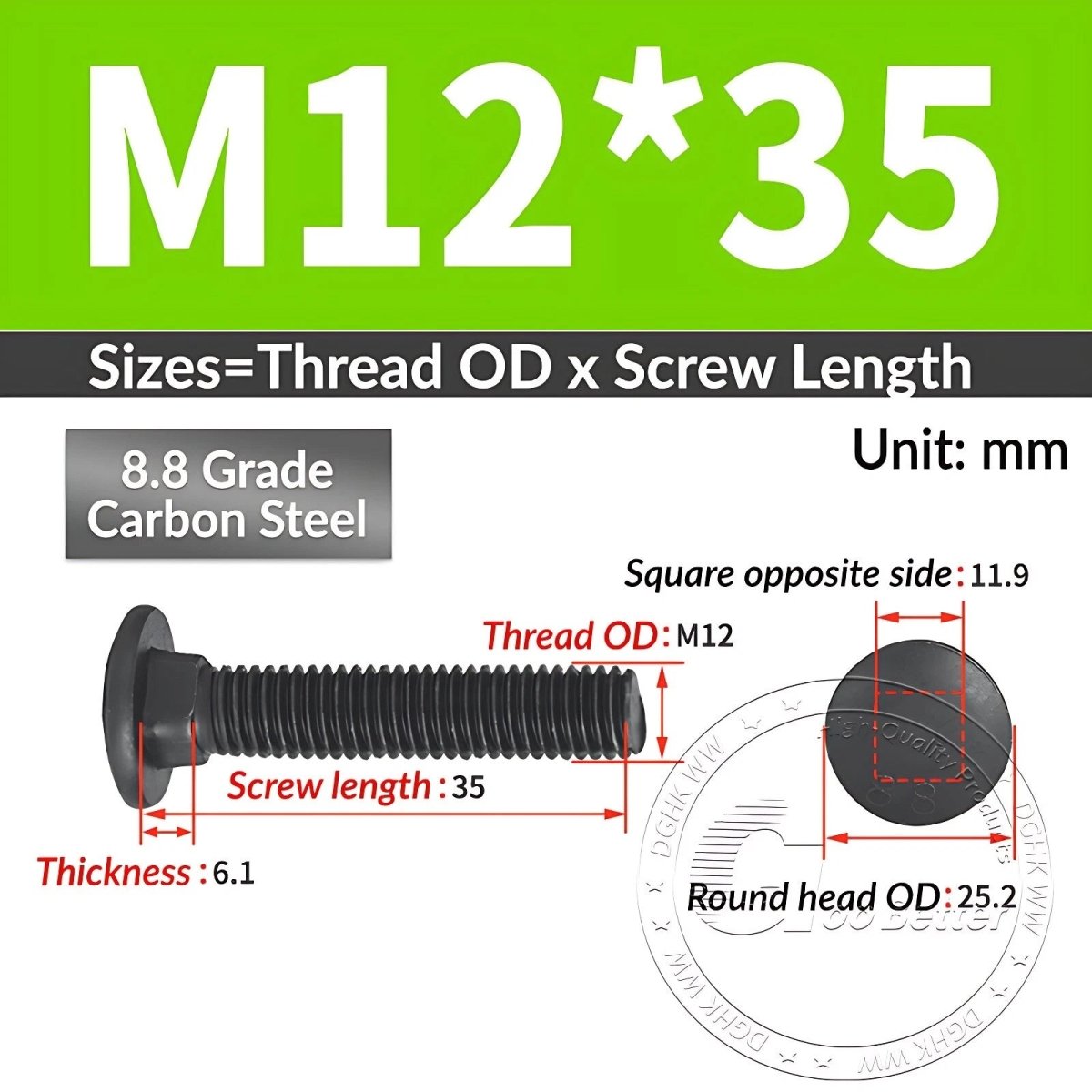 Black 8.8 Grade Steel Carriage Bolts | Cup Square Dome Head | M6–M24 - HomeDIYer