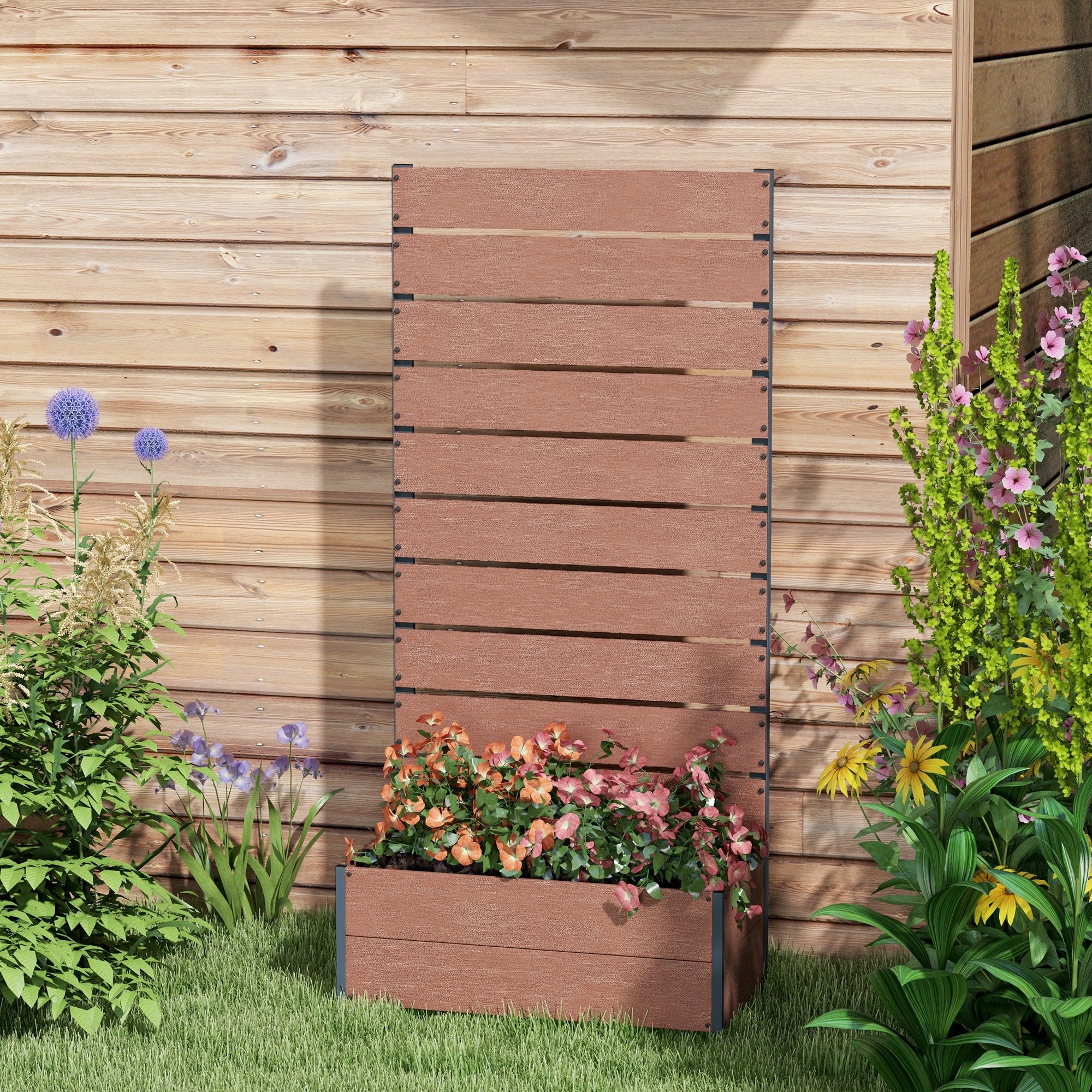Outsunny Raised Garden Bed with Trellis for Climbing Plants, Planter Box with Drainage Gap, Freestanding Trellis Planter for Outdoor, Patio, Deck, 28.25" x 15" x 59", Brown