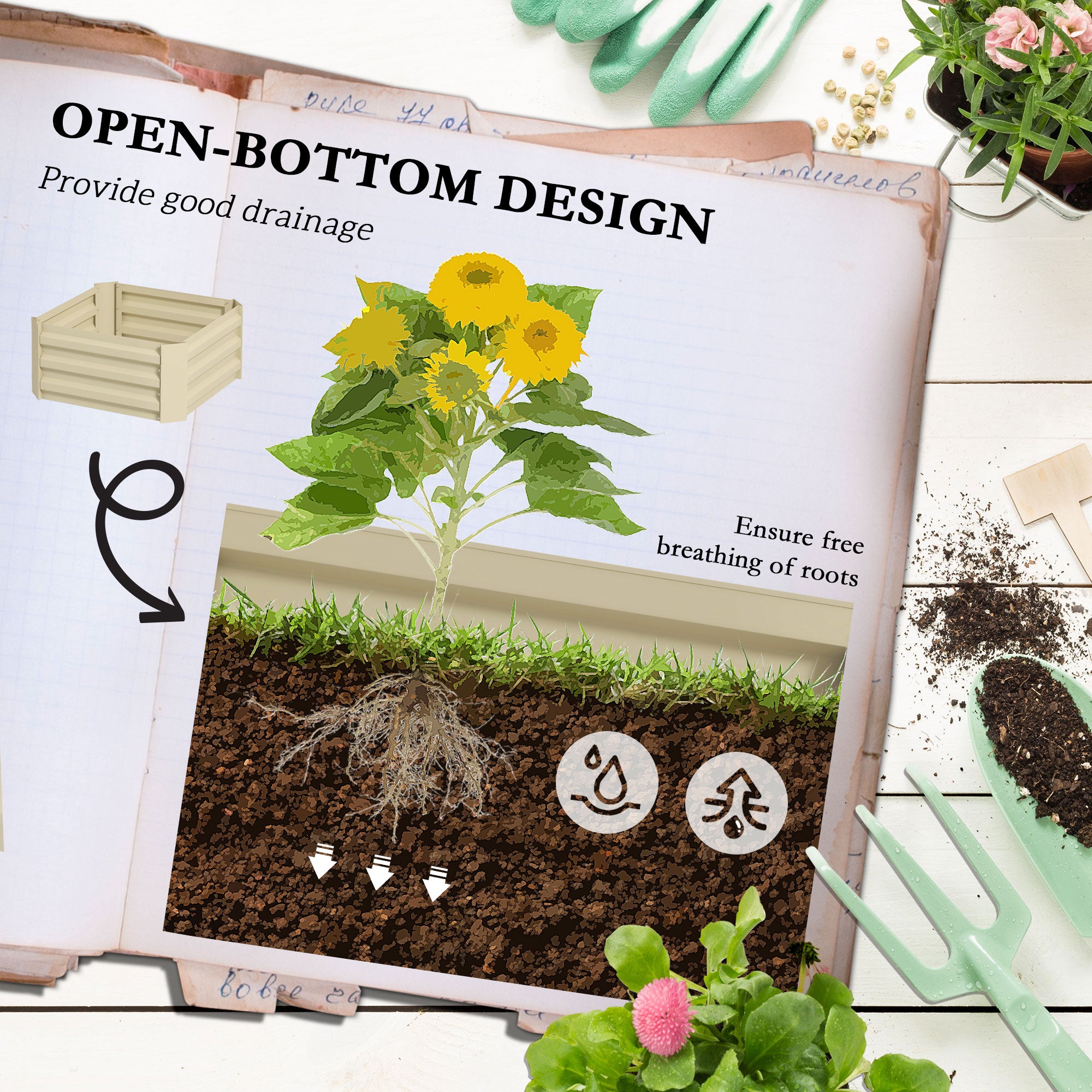 Outsunny Galvanized Raised Garden Bed, 24" x 24" x 11.75" Outdoor Planter Box with Trellis Tomato Cage and Open Bottom for Climbing Vines, Vegetables, Flowers in Backyard, Garden, Patio, Cream