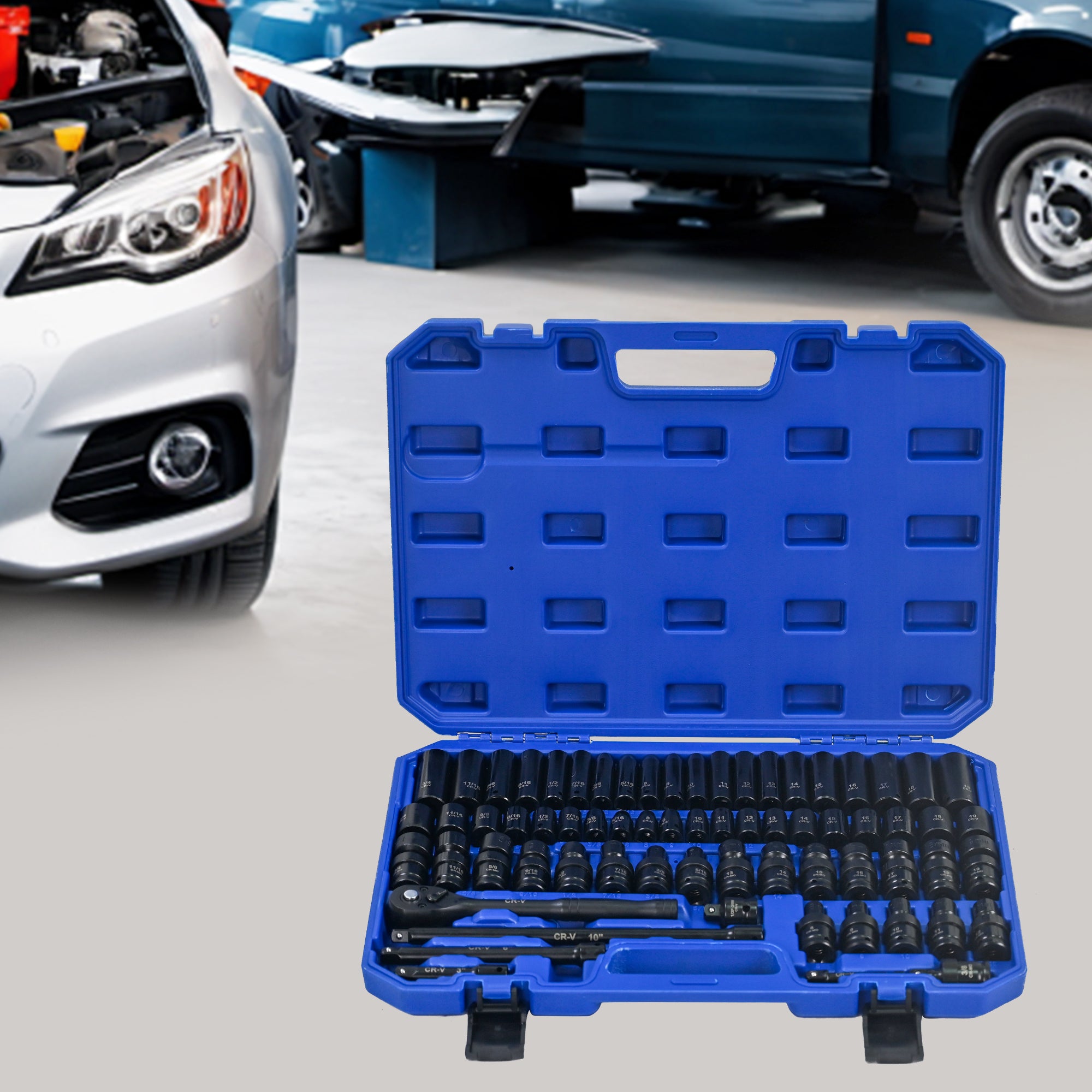 67‑Piece Air Tool & Accessories Kit — Long/Short Sockets, Extensions, Ratchet Wrenches, Quick Couplings, Black & Blue