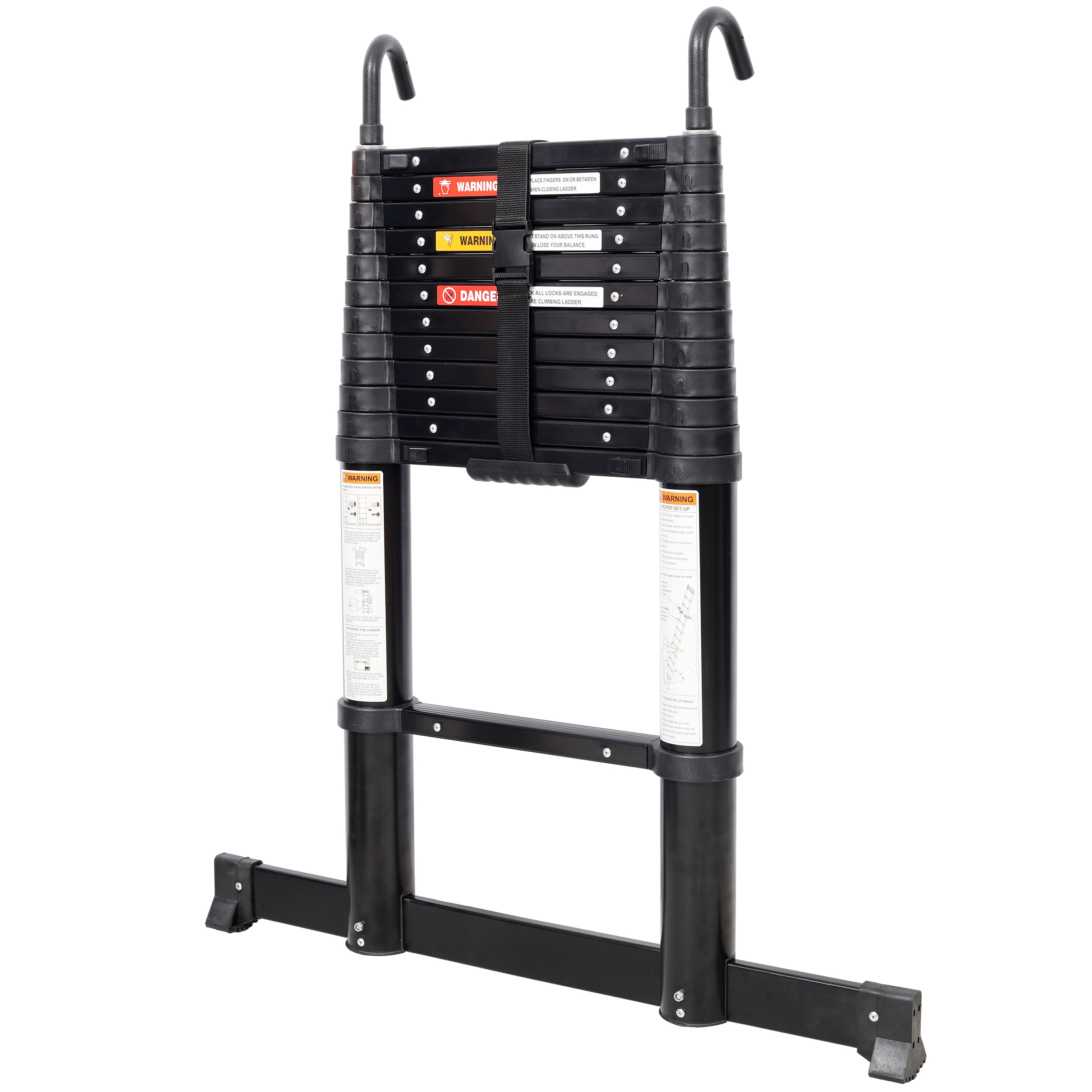 12.5FT Telescopic Aluminum Ladder — 330 lb Capacity, Slow‑Down Safety, Stabilizer & Hooks, Black