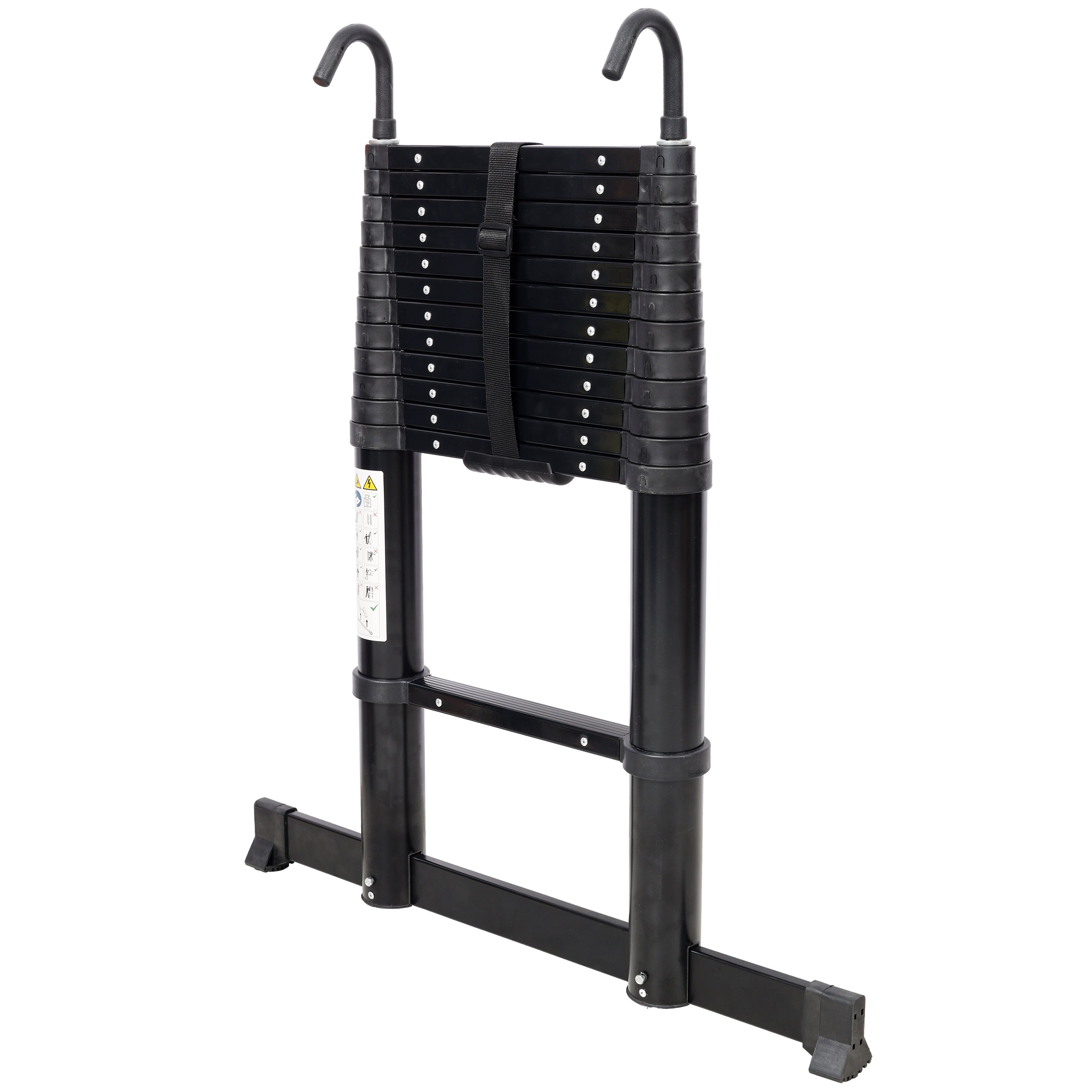 12.5FT Telescopic Aluminum Ladder — 330 lb Capacity, Slow‑Down Safety, Stabilizer & Hooks, Black