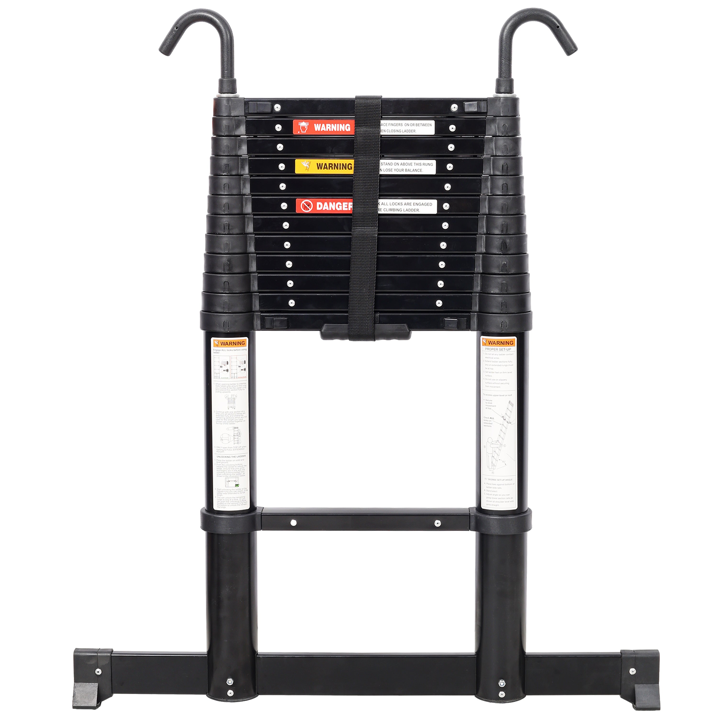 12.5FT Telescopic Aluminum Ladder — 330 lb Capacity, Slow‑Down Safety, Stabilizer & Hooks, Black