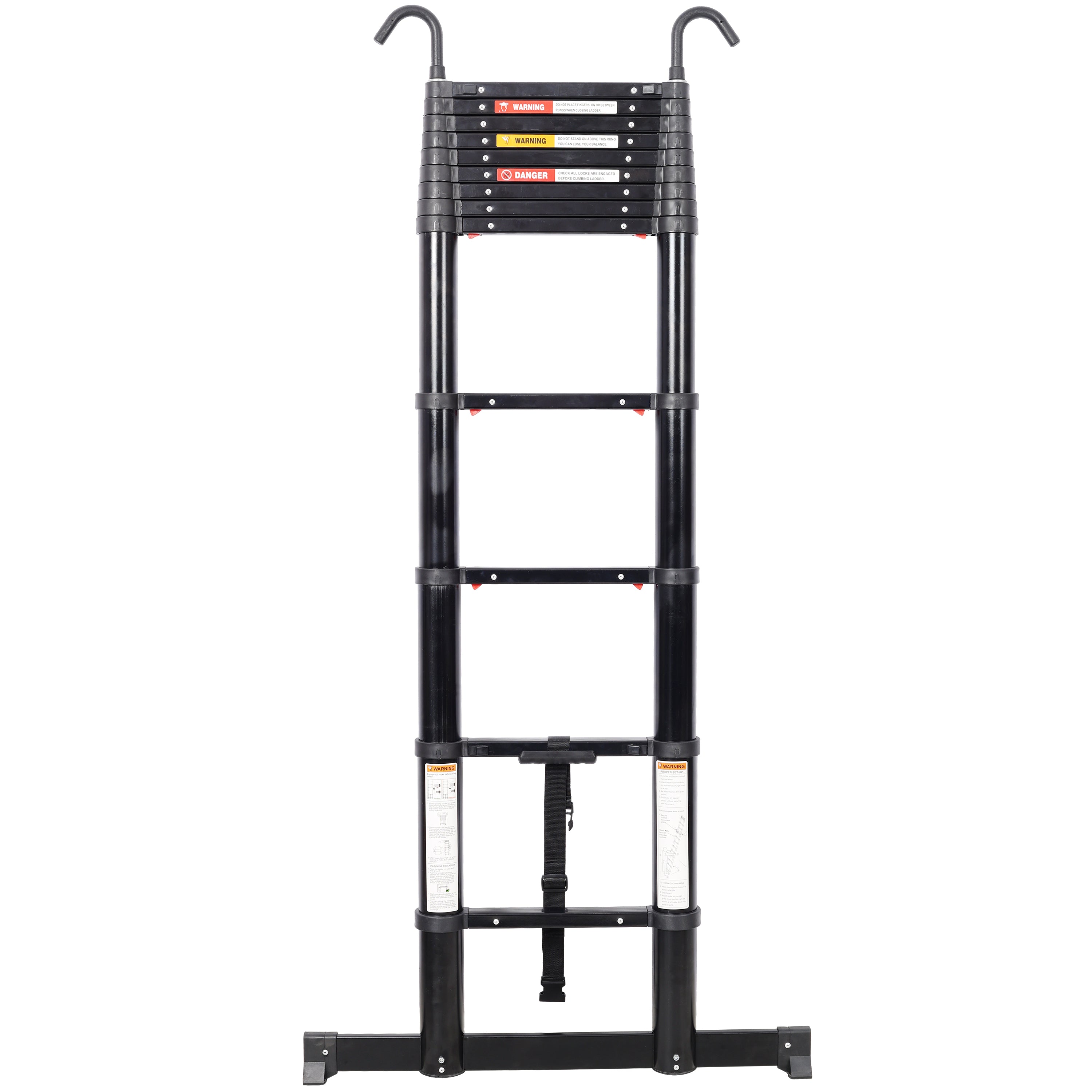 12.5FT Telescopic Aluminum Ladder — 330 lb Capacity, Slow‑Down Safety, Stabilizer & Hooks, Black