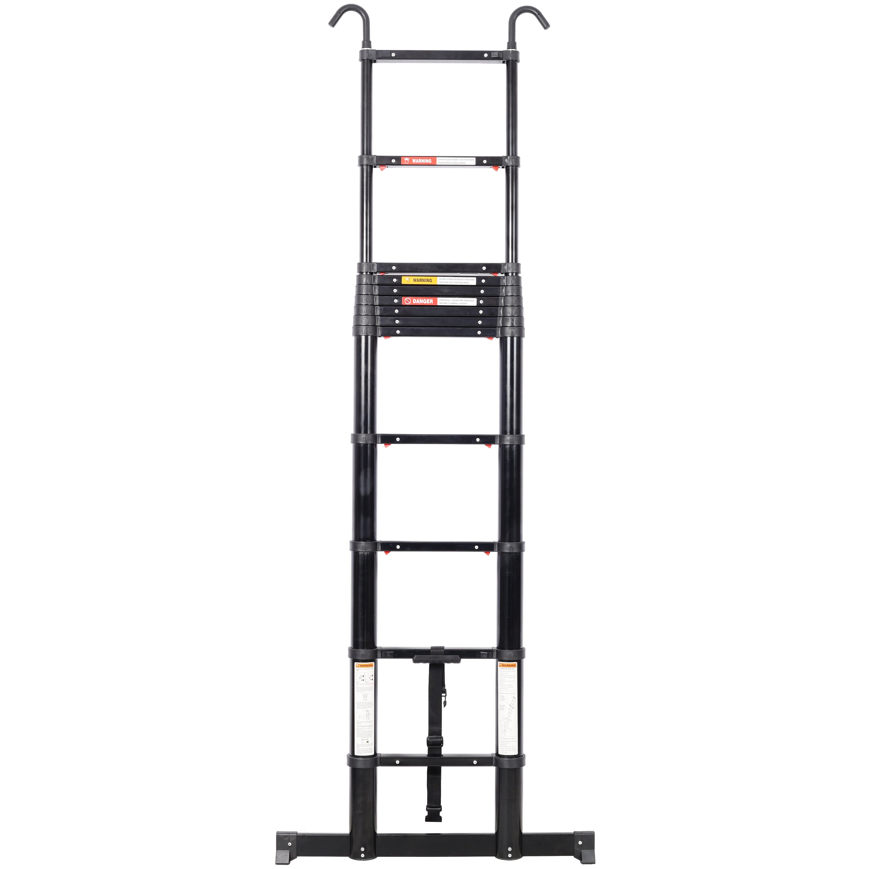 12.5FT Telescopic Aluminum Ladder — 330 lb Capacity, Slow‑Down Safety, Stabilizer & Hooks, Black