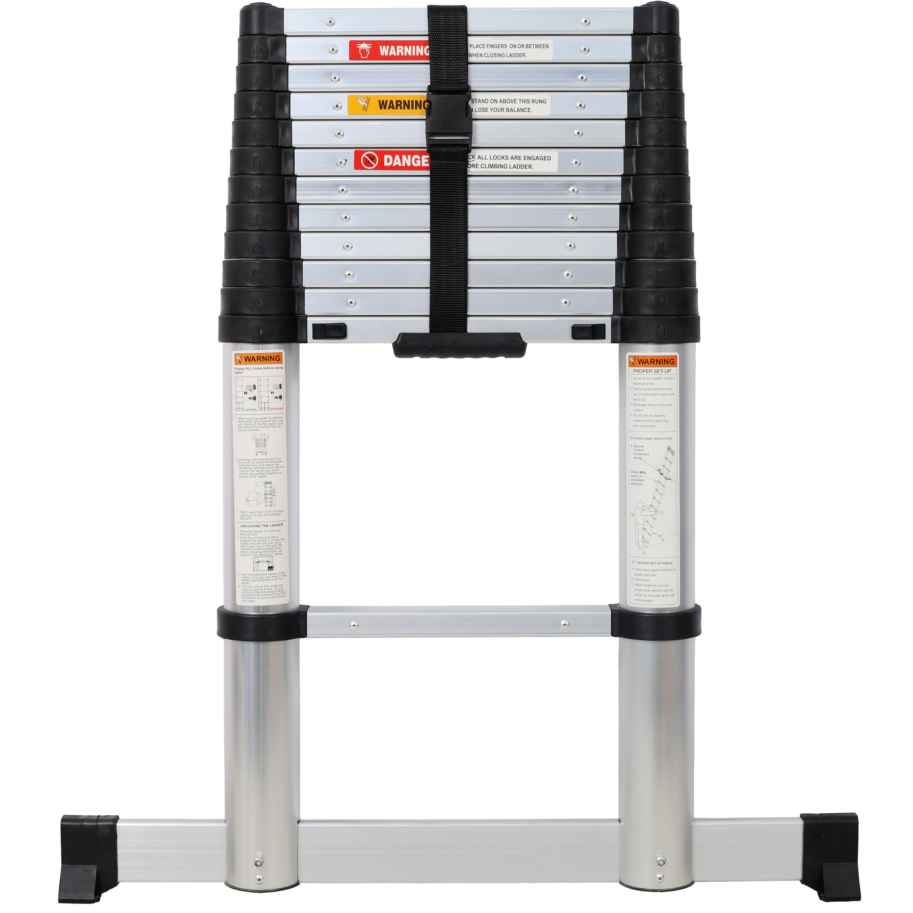 12.5FT Telescopic Aluminum Ladder with Slow‑Down Safety & Stabilizer — 330 lb Capacity, Silver