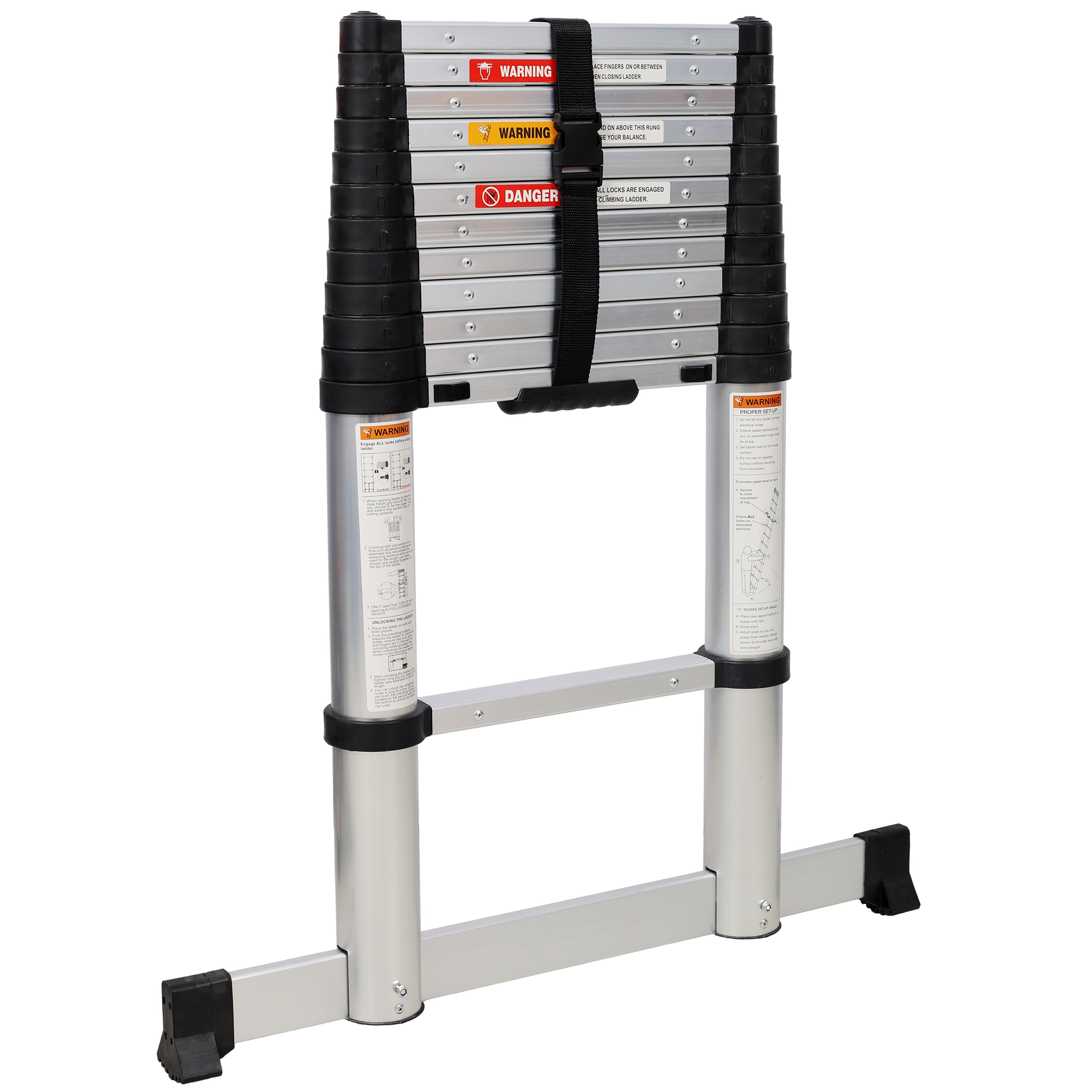 12.5FT Telescopic Aluminum Ladder with Slow‑Down Safety & Stabilizer — 330 lb Capacity, Silver