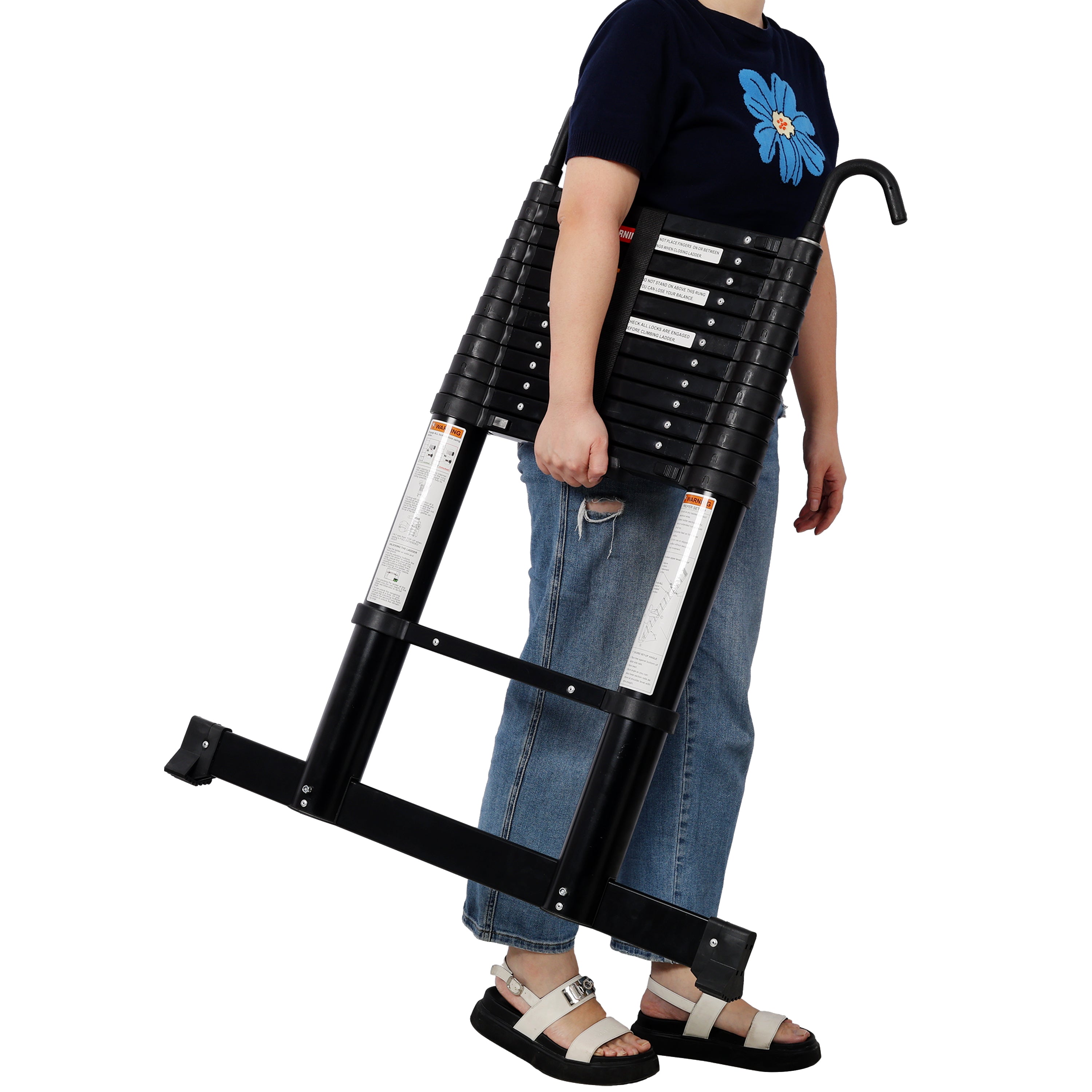 12.5FT Telescopic Aluminum Ladder — 330 lb Capacity, Slow‑Down Safety, Stabilizer & Hooks, Black