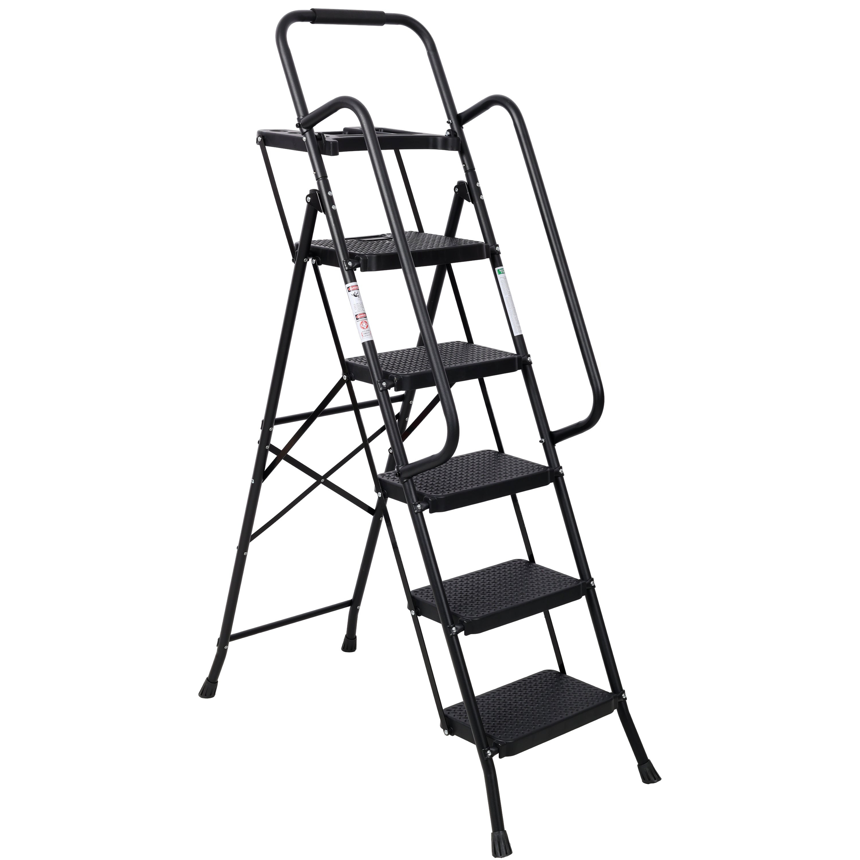 5‑Step Folding Steel Ladder with Tool Platform & Handrail — 330 lb Capacity, Wide Anti‑Slip Pedals, Black