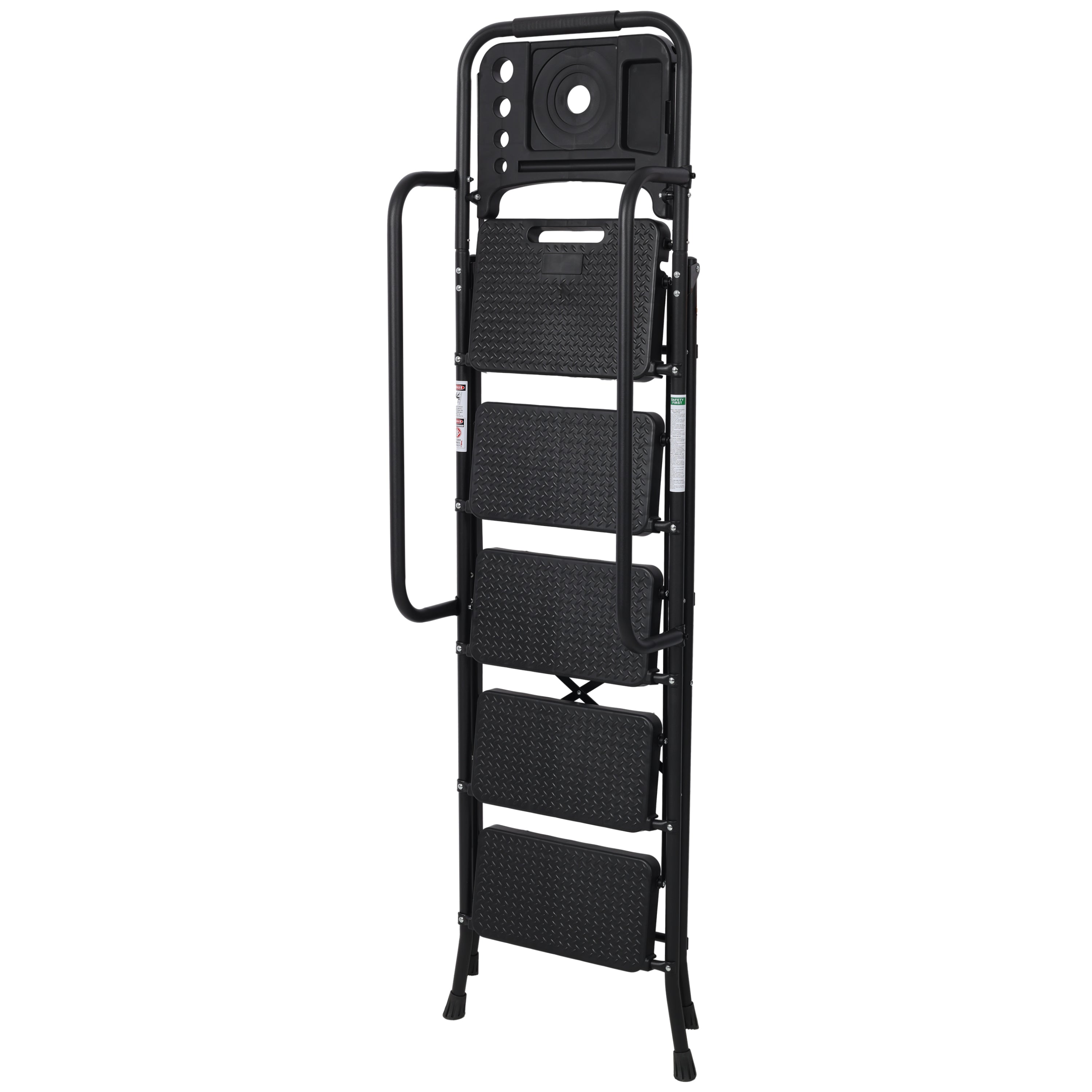 5‑Step Folding Steel Ladder with Tool Platform & Handrail — 330 lb Capacity, Wide Anti‑Slip Pedals, Black