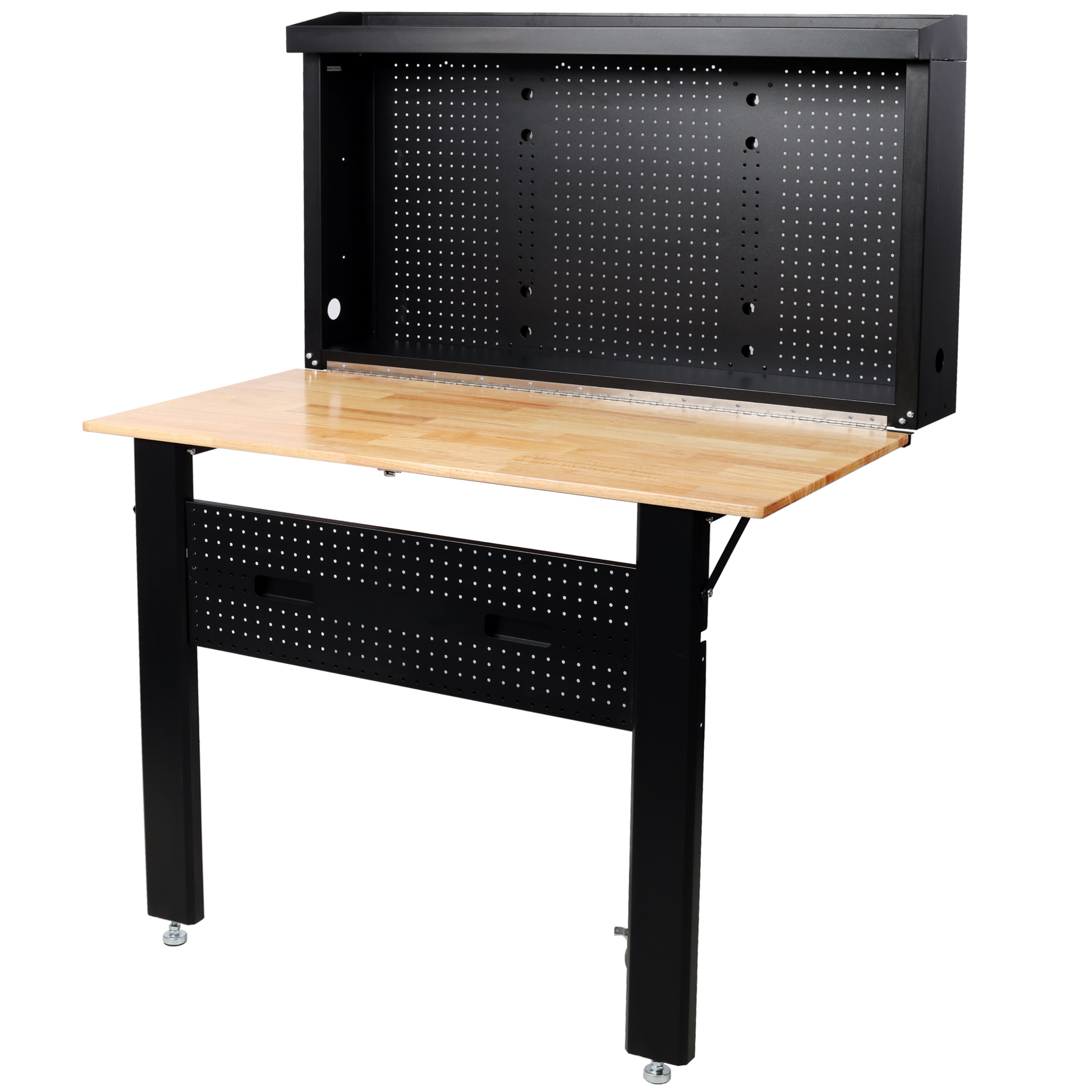 Wall Mounted Folding Workbench with Pegboard, Rubberwood Work Surface, 440 lb Capacity, 47.25"W x 32.5"D