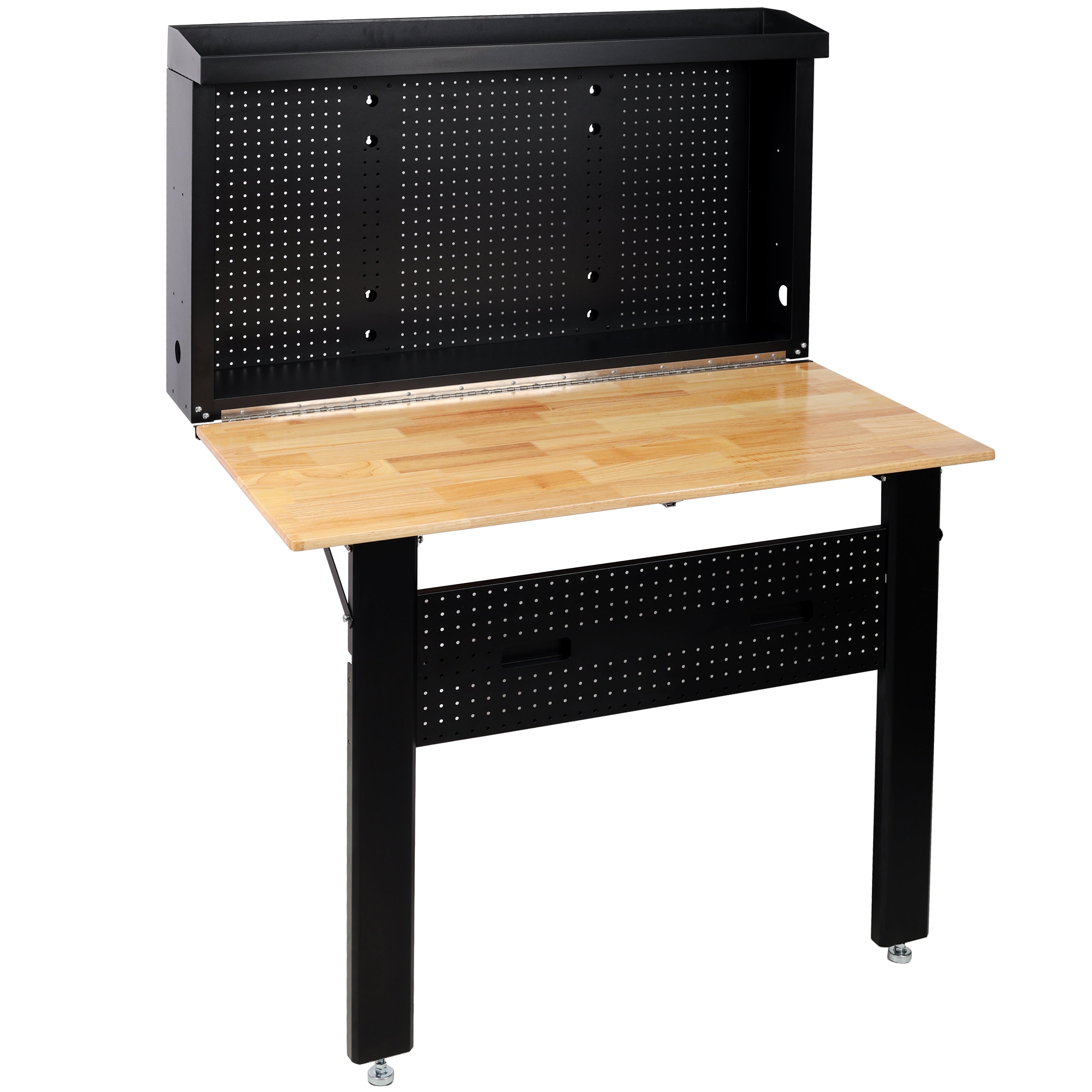Wall Mounted Folding Workbench with Pegboard, Rubberwood Work Surface, 440 lb Capacity, 47.25"W x 32.5"D