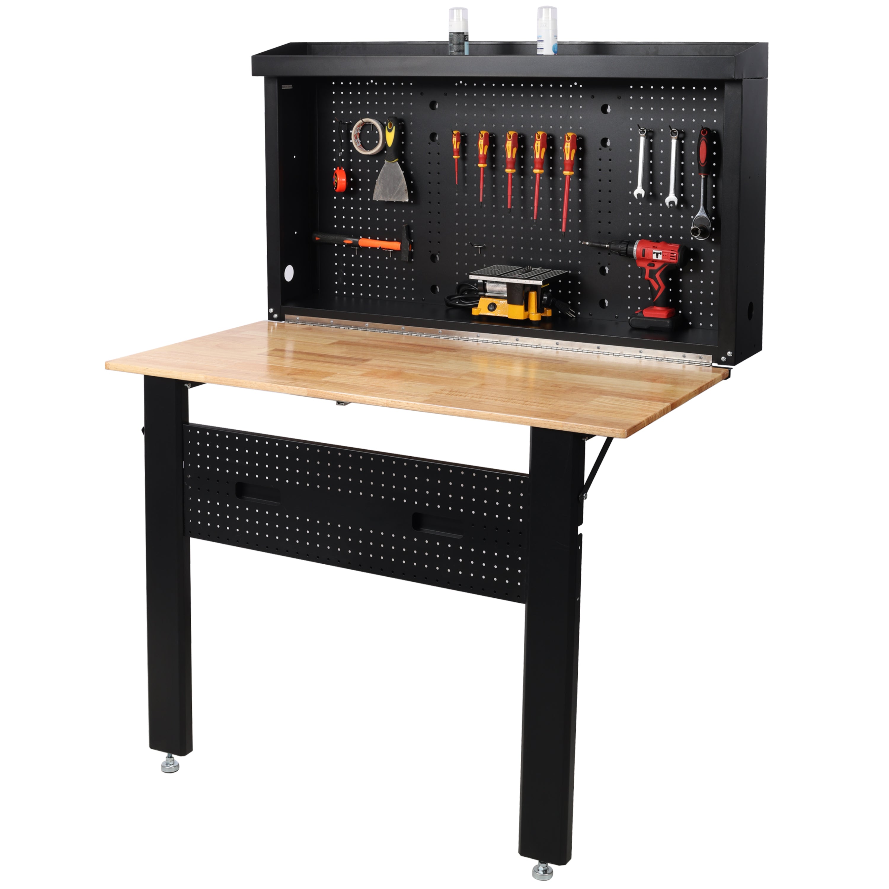 Wall Mounted Folding Workbench with Pegboard, Rubberwood Work Surface, 440 lb Capacity, 47.25"W x 32.5"D