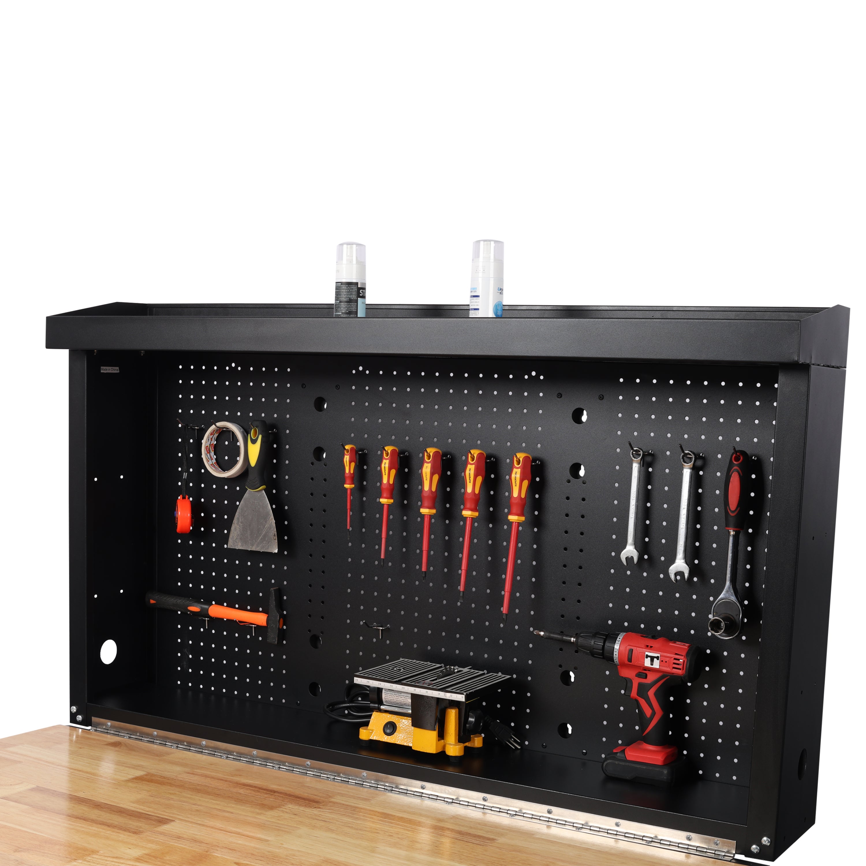 Wall Mounted Folding Workbench with Pegboard, Rubberwood Work Surface, 440 lb Capacity, 47.25"W x 32.5"D