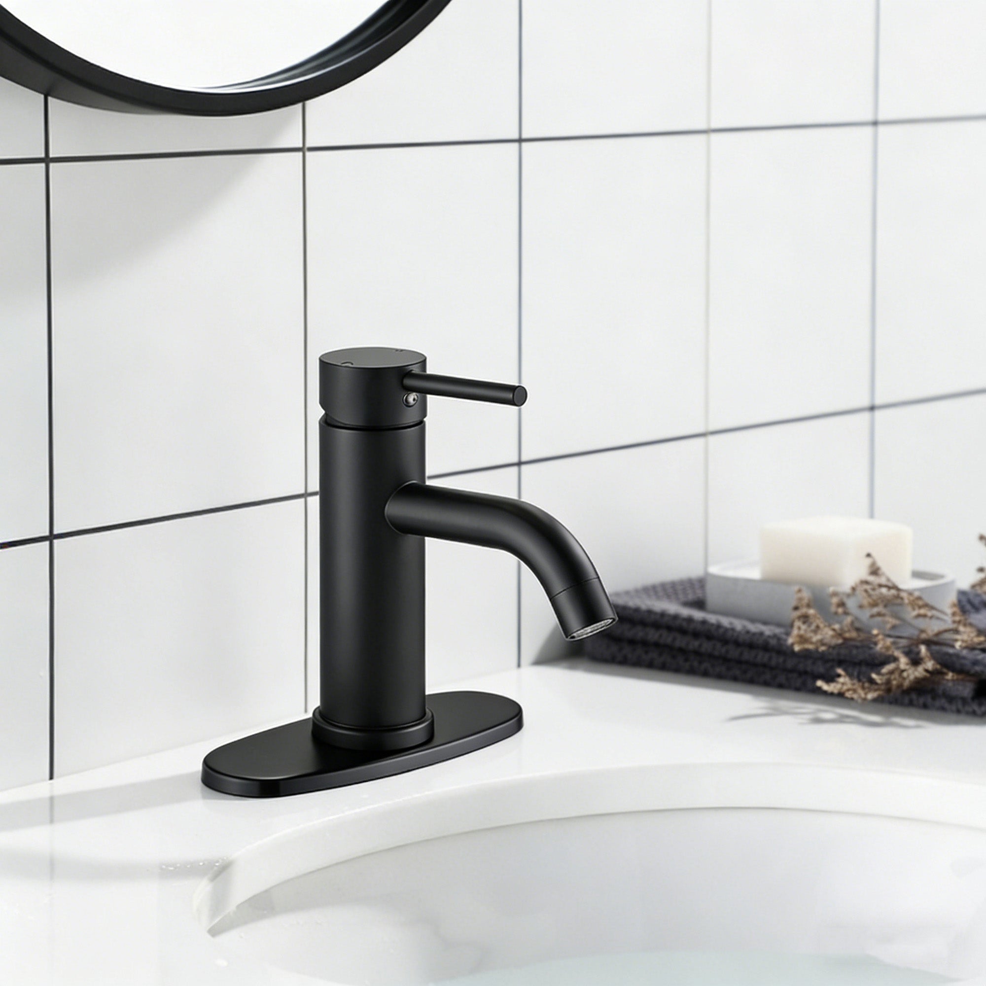 ADA Compliant Single Hole Bathroom Faucet - 6.57" High Stainless Steel Waterfall Faucet Matte Black