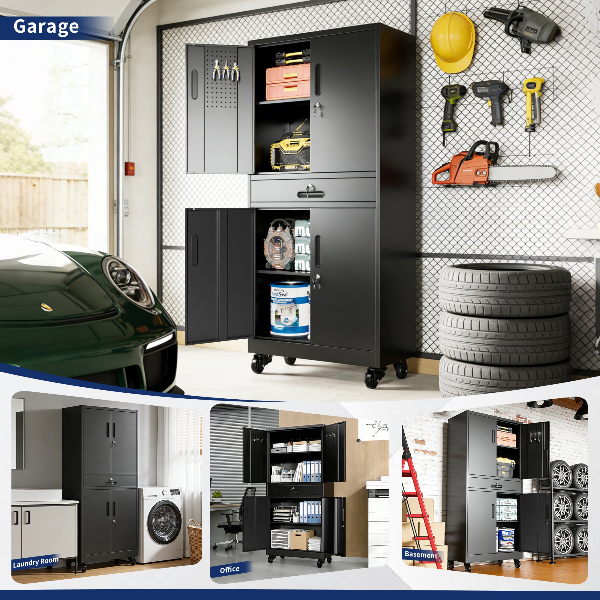 71" Metal Garage Storage Cabinet with Drawer, Pegboard Door, Locking Doors & Rolling Wheels, 720 lb Capacity