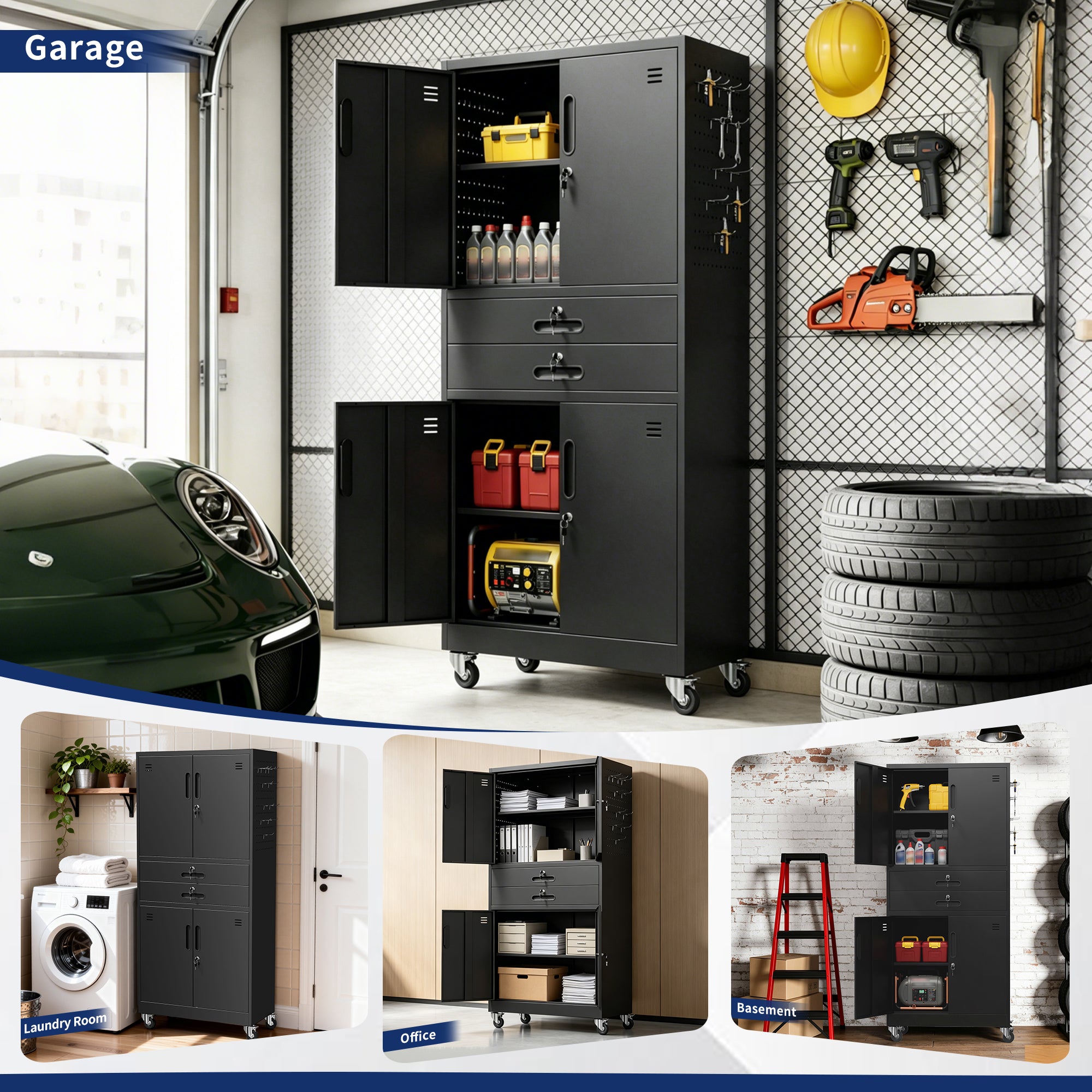 71" Metal Garage Storage Cabinet with Two Drawers, Pegboard Door, Locking Doors & Rolling Wheels, 720 lb Capacity