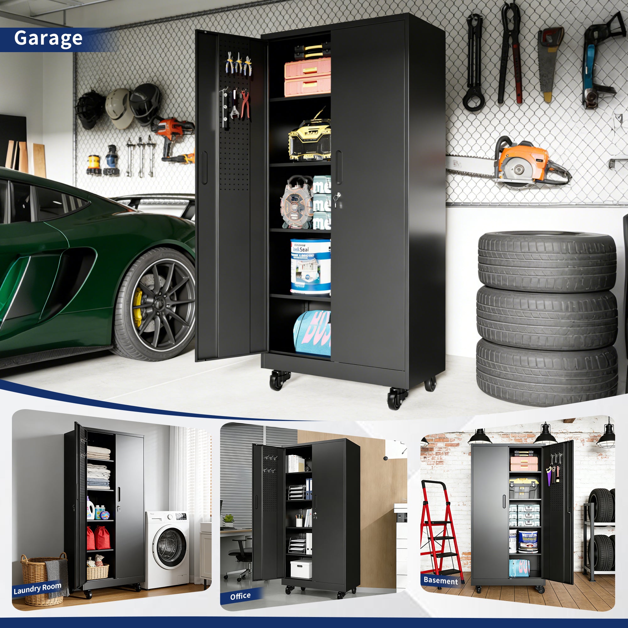 71" Lockable Metal Garage Storage Cabinet with Pegboard Doors & Wheels, 4 Adjustable Shelves, 900 lb Capacity