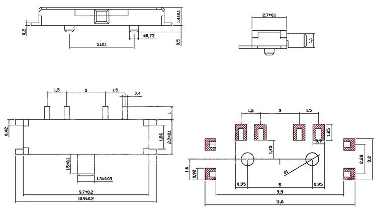 8-Pin 3-Position ON-OFF-ON Mini Horizontal Slide Switch SMD SMT — Pack of 5/10/15/20