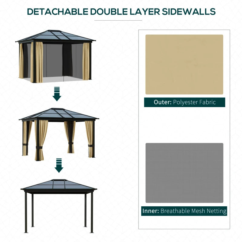 11.8x9.7 FT Hardtop Gazebo, Tinted Polycarbonate Roof, Aluminum Frame, 4 Mesh + 4 Curtain Sidewalls, Beige/Brown