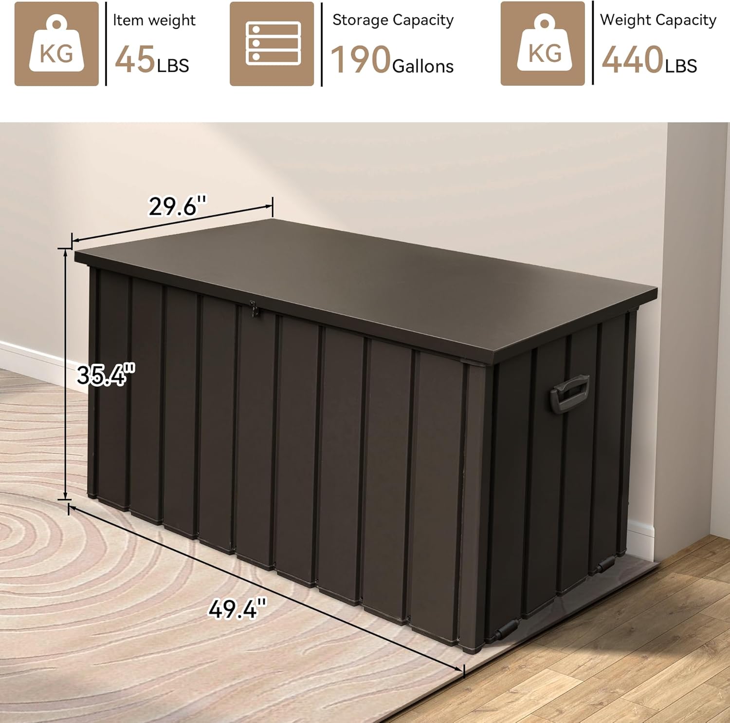190 Gallon Metal Outdoor Deck Box – Waterproof Steel Storage Bench, Lockable Package Delivery, Dark Brown