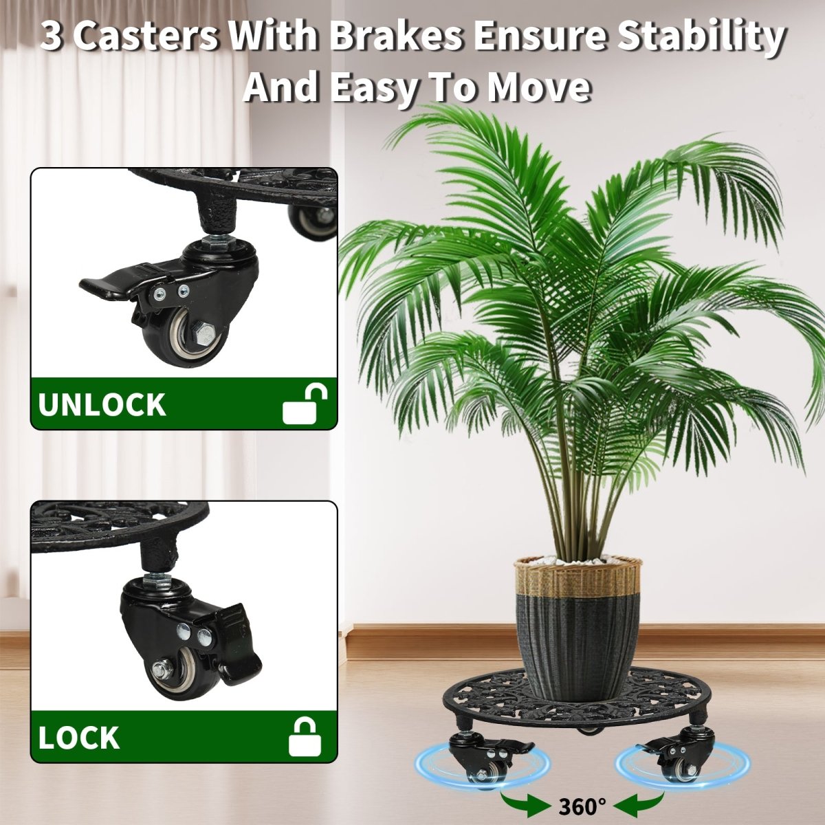 Rolling Plant Stand with Wheels,1pcs 11in Heavy Duty Metal Plant Caddy with Wheels,Load Capacity 330 lbs,Black - HomeDIYer